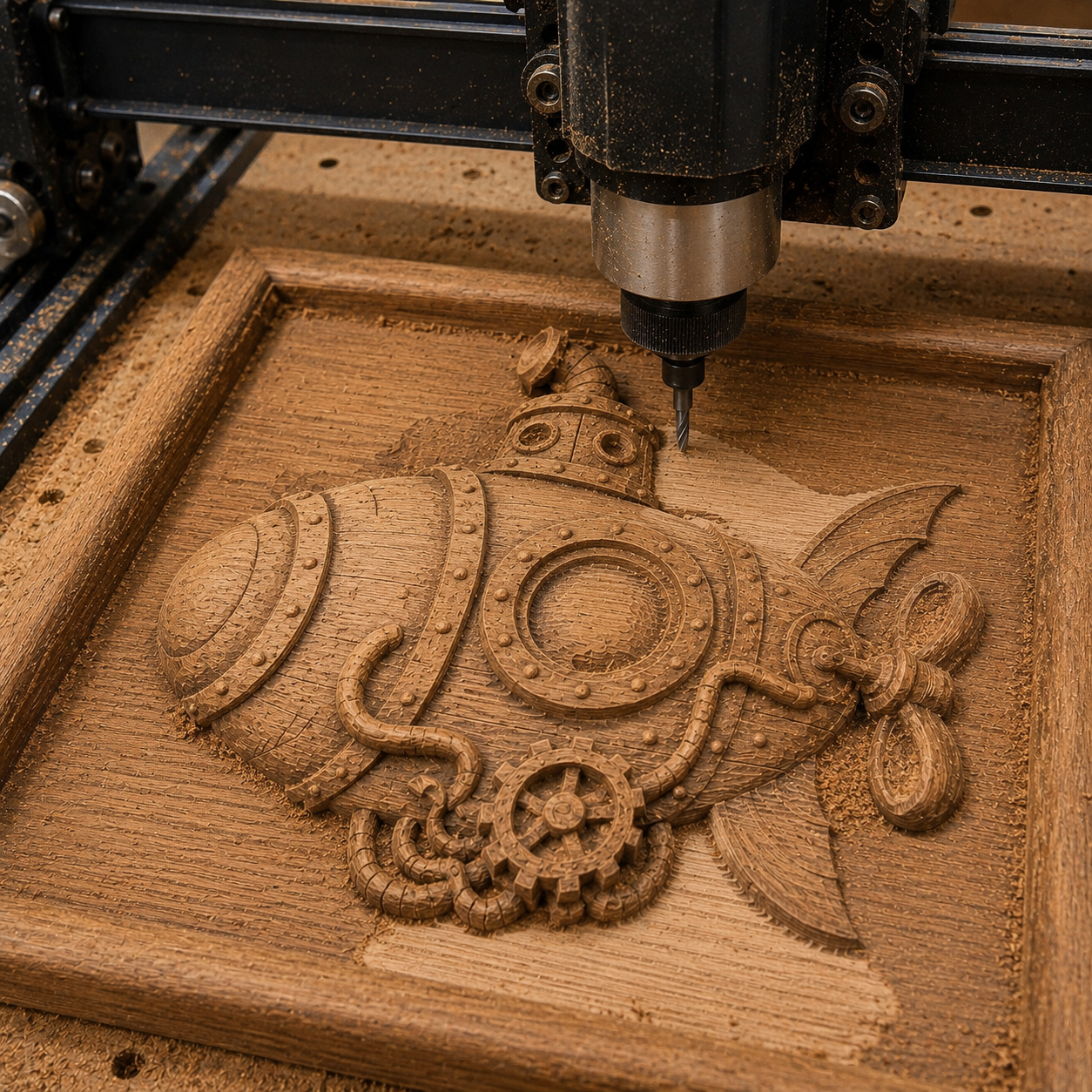 The Steampunk Submarine Relief STL File by Form Arcade lets you CNC carve a detailed submarine with gears and rivets for unique wall art or woodworking projects.