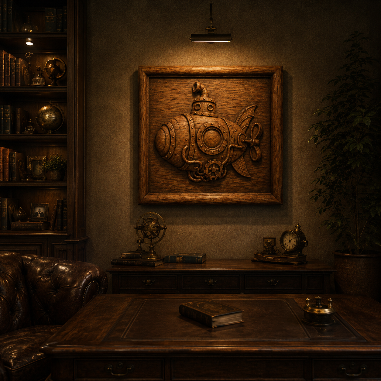 A richly decorated study features wooden bookshelves, a leather chair, and a desk topped with woodworking projects. Above the desk hangs Form Arcade’s Steampunk Submarine Relief STL File | CNC Wall Art. A globe and clock sit on the side cabinet.
