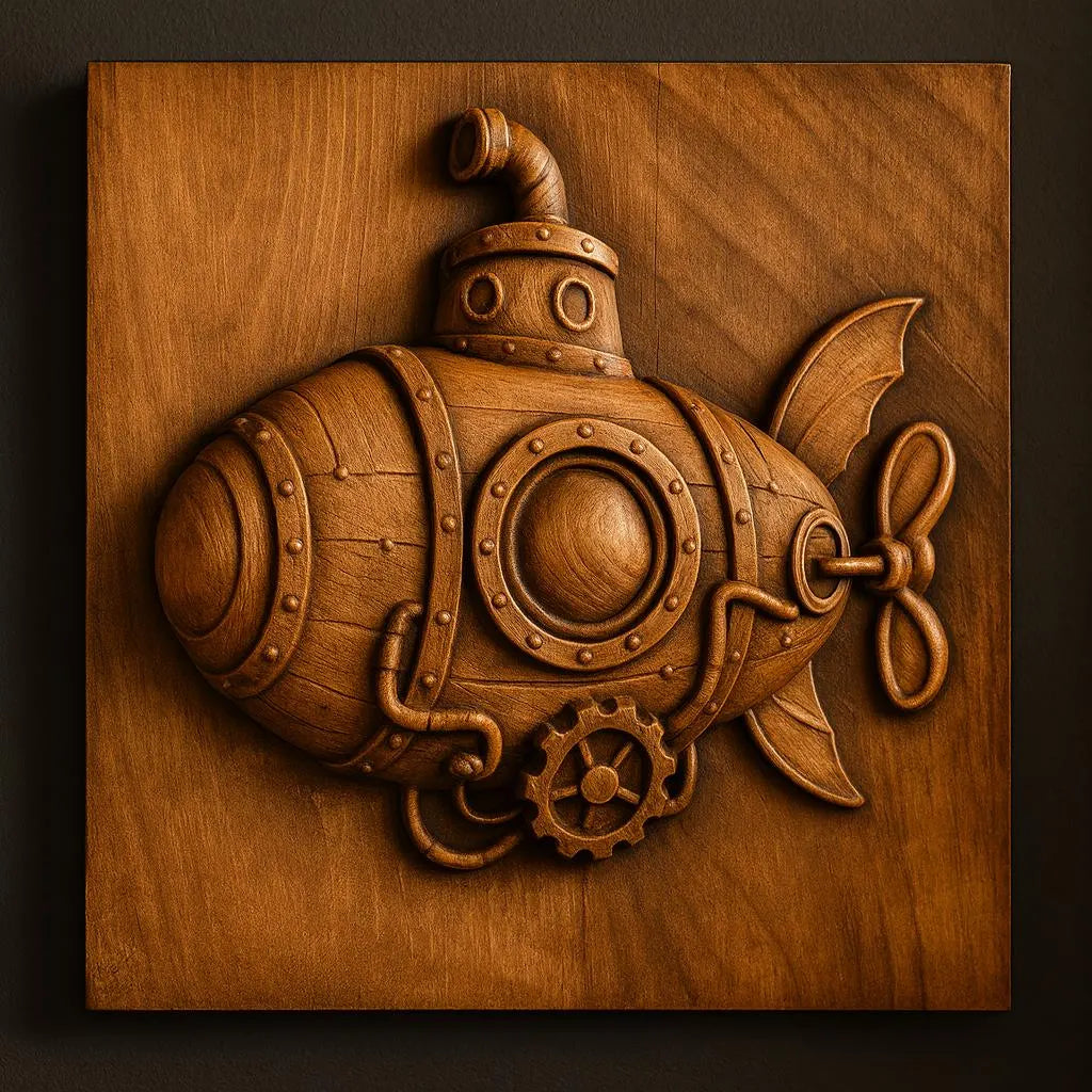 The Steampunk Submarine Relief STL File from Form Arcade is detailed with gears, rivets, and a propeller—ideal for CNC woodworking. This unique wall art mounts on a square wooden plaque with a dark background.