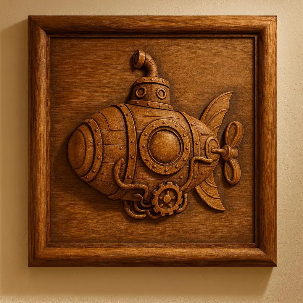 The Steampunk Submarine Relief STL File by Form Arcade features a whimsical submarine with gears and rivets, perfect for CNC wall art. This playful, steampunk-inspired design adds unique flair to any woodworking project.