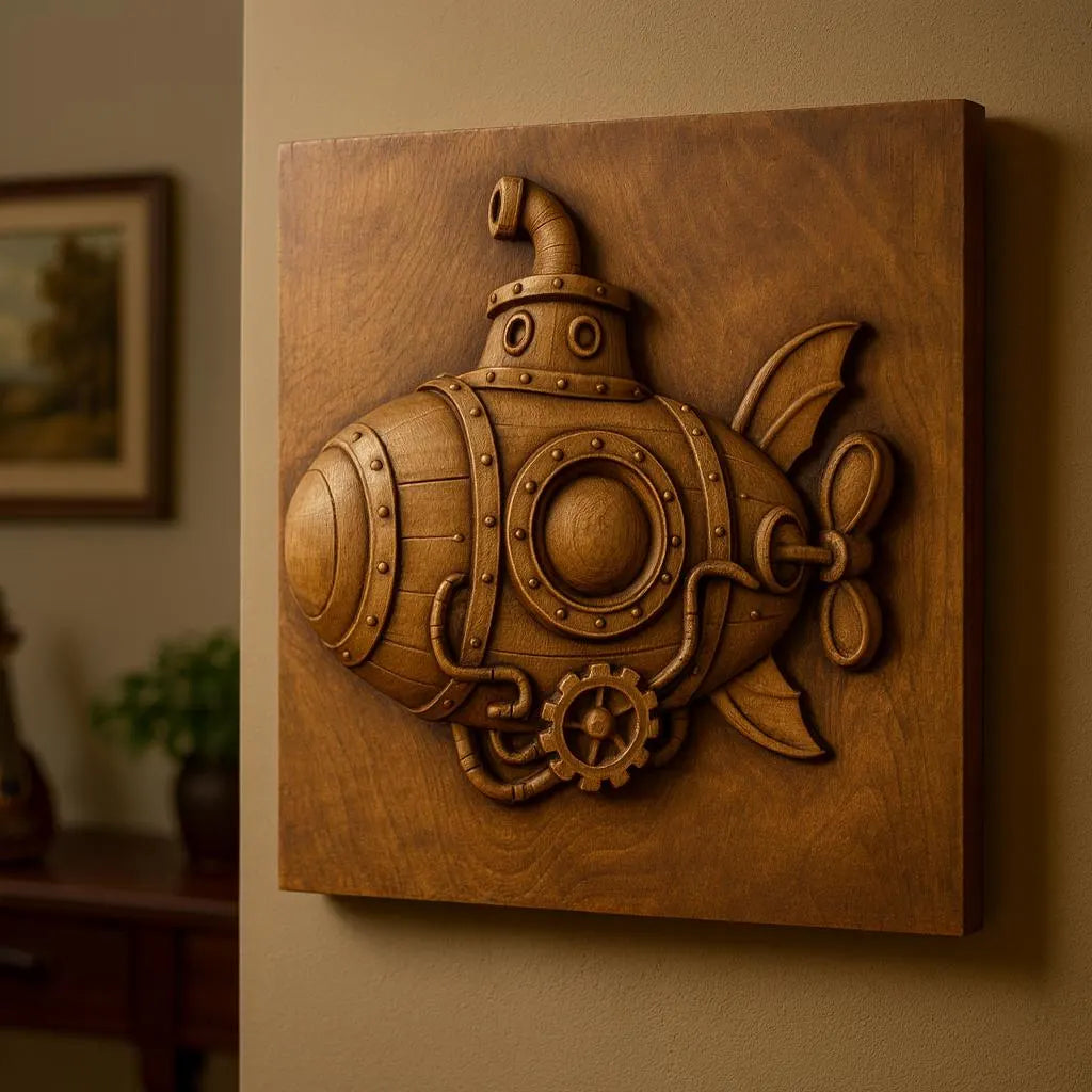 The Steampunk Submarine Relief STL File by Form Arcade is a detailed CNC wall art design featuring intricate gears and rivets—perfect for woodworking projects and displayed beautifully on a beige wall.