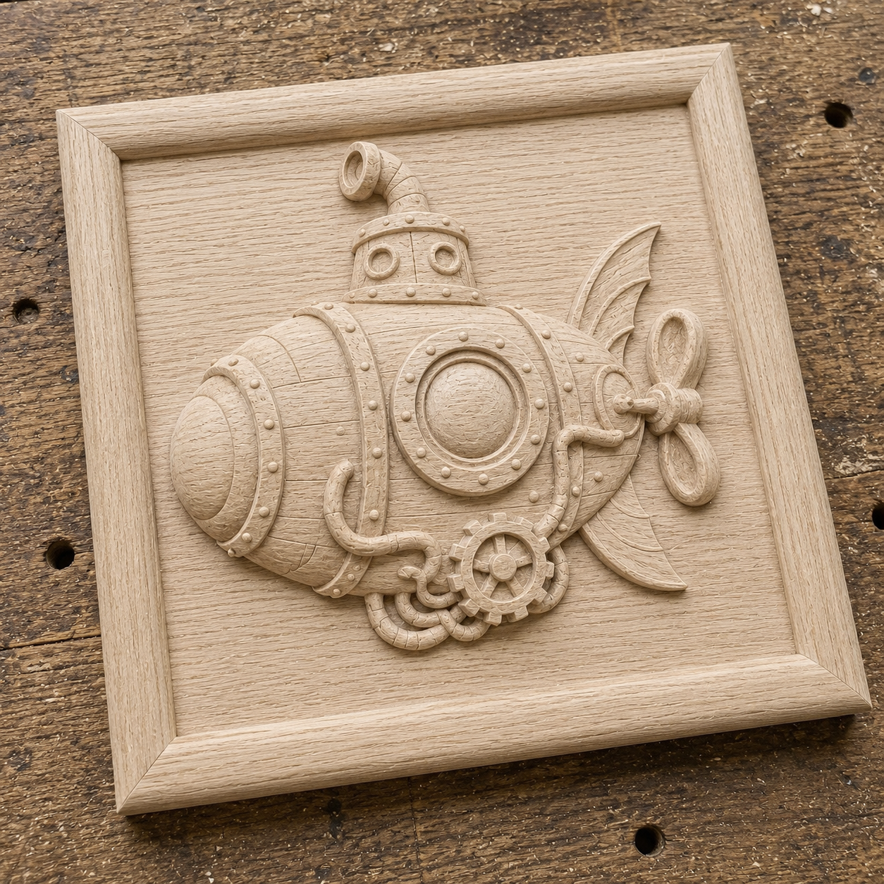 The Steampunk Submarine Relief STL File by Form Arcade is a whimsical CNC wall art design with gears, pipes, and propeller, set in a square frame—perfect for woodworking projects.