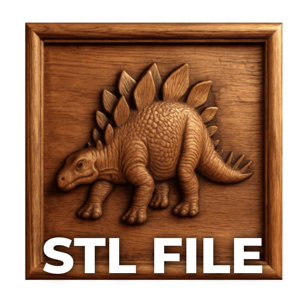 The Stegosaurus Relief STL File by Form Arcade features a wooden dinosaur carving inside a square frame with “STL FILE” in bold white text—ideal for CNC wall art or 3D printing.