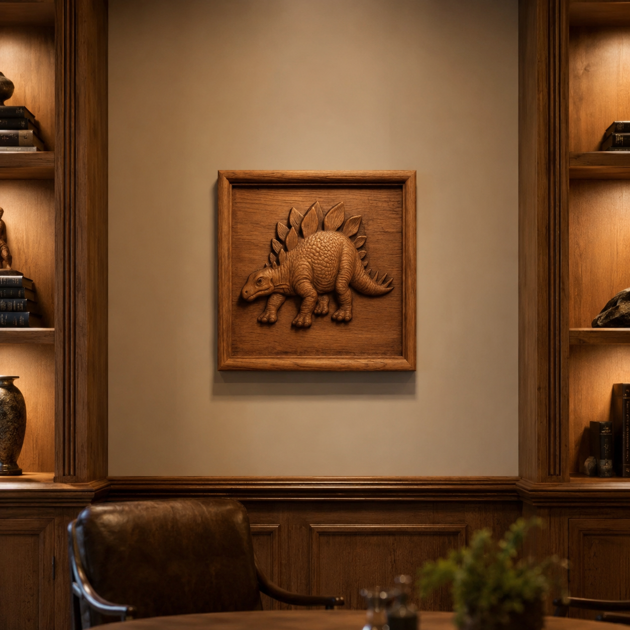 The Stegosaurus Relief STL File by Form Arcade—perfect for CNC dinosaur wall art—is displayed on a beige wall between built-in shelves filled with books and decor in a warmly lit, elegant study or office.