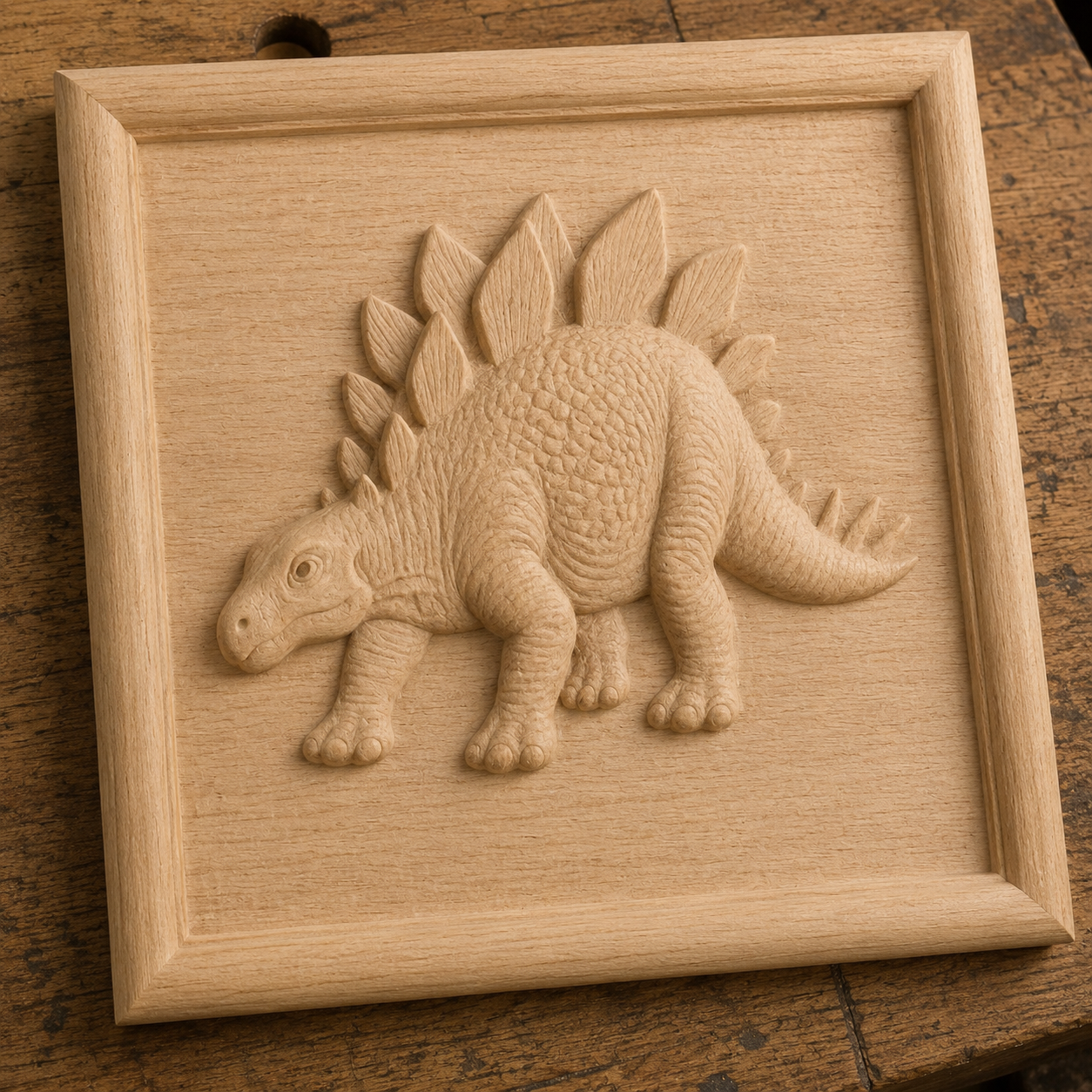 The Stegosaurus Relief STL File by Form Arcade is a digital design for CNC wall art, featuring a detailed dinosaur carving with a beveled border—ideal for display or use in 3D printing projects.