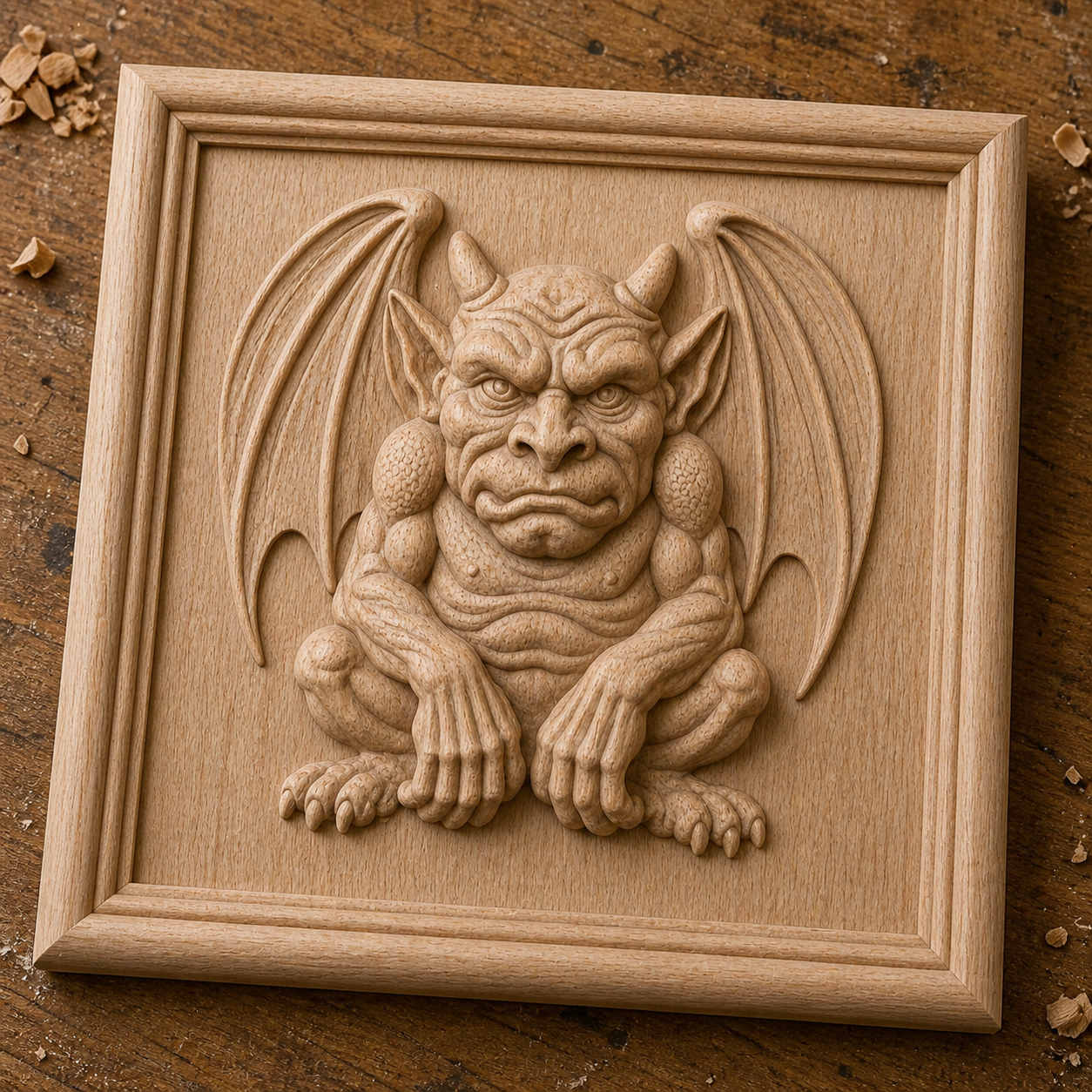 The Form Arcade Stone Gargoyle Relief STL File lets you create detailed CNC wall art featuring a crouching gargoyle with wings and horns—a unique woodworking decor piece for your space.