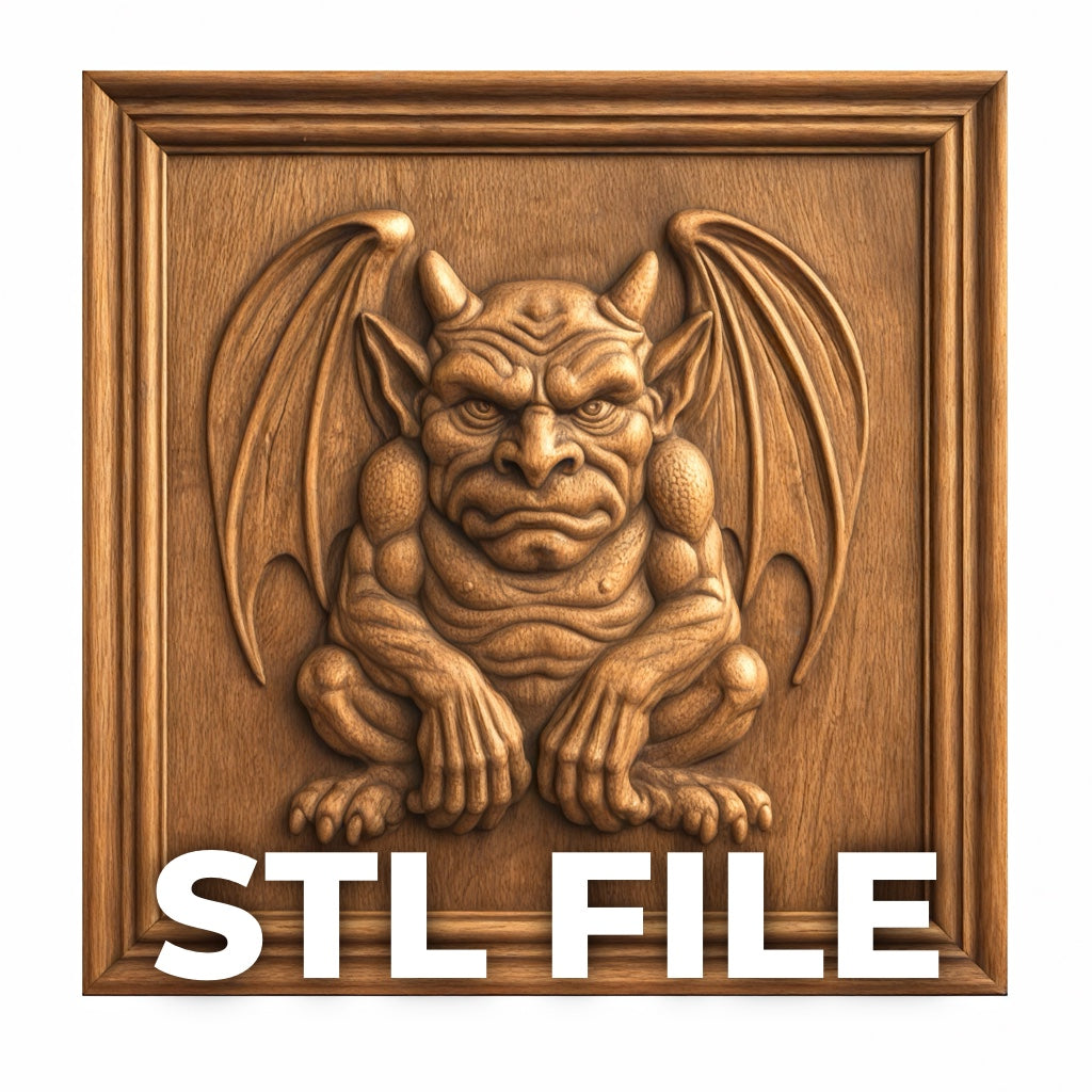 Stone Gargoyle Relief STL File by Form Arcade—a detailed CNC wall art design featuring a horned, winged gargoyle within a square frame. Bold “STL FILE” text highlights it as perfect for woodworking and decor enthusiasts.