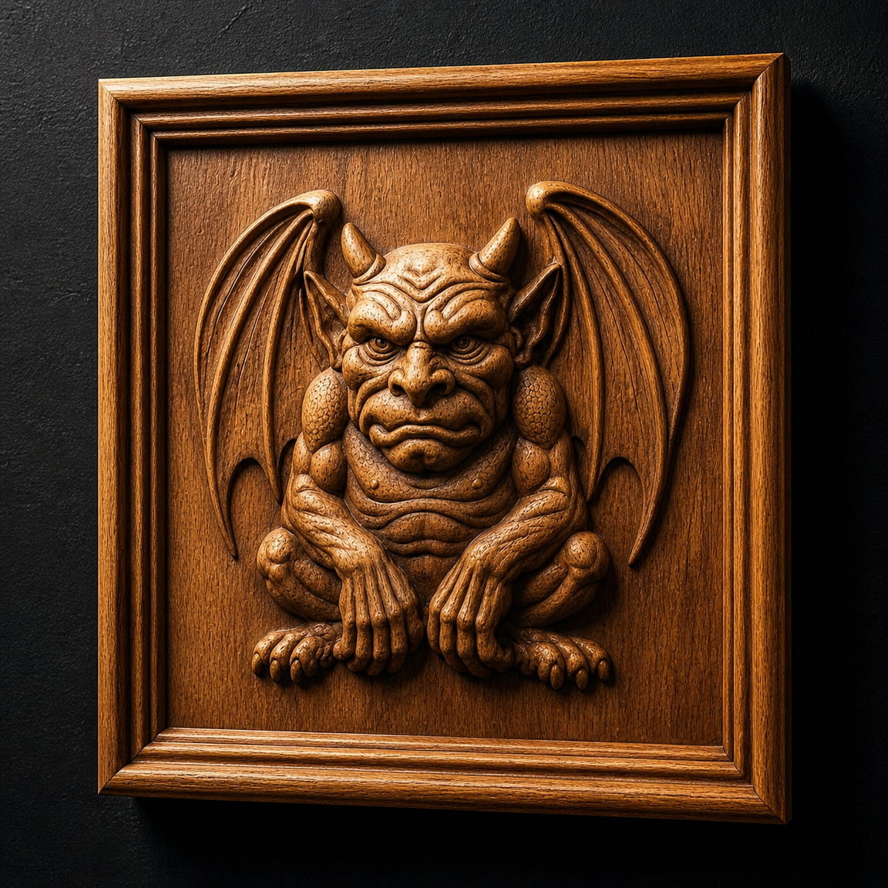 The Stone Gargoyle Relief STL File by Form Arcade features a horned, winged gargoyle with a fierce expression in a square frame—ideal CNC wall art for woodworkers or as inspiration for your next carving project.