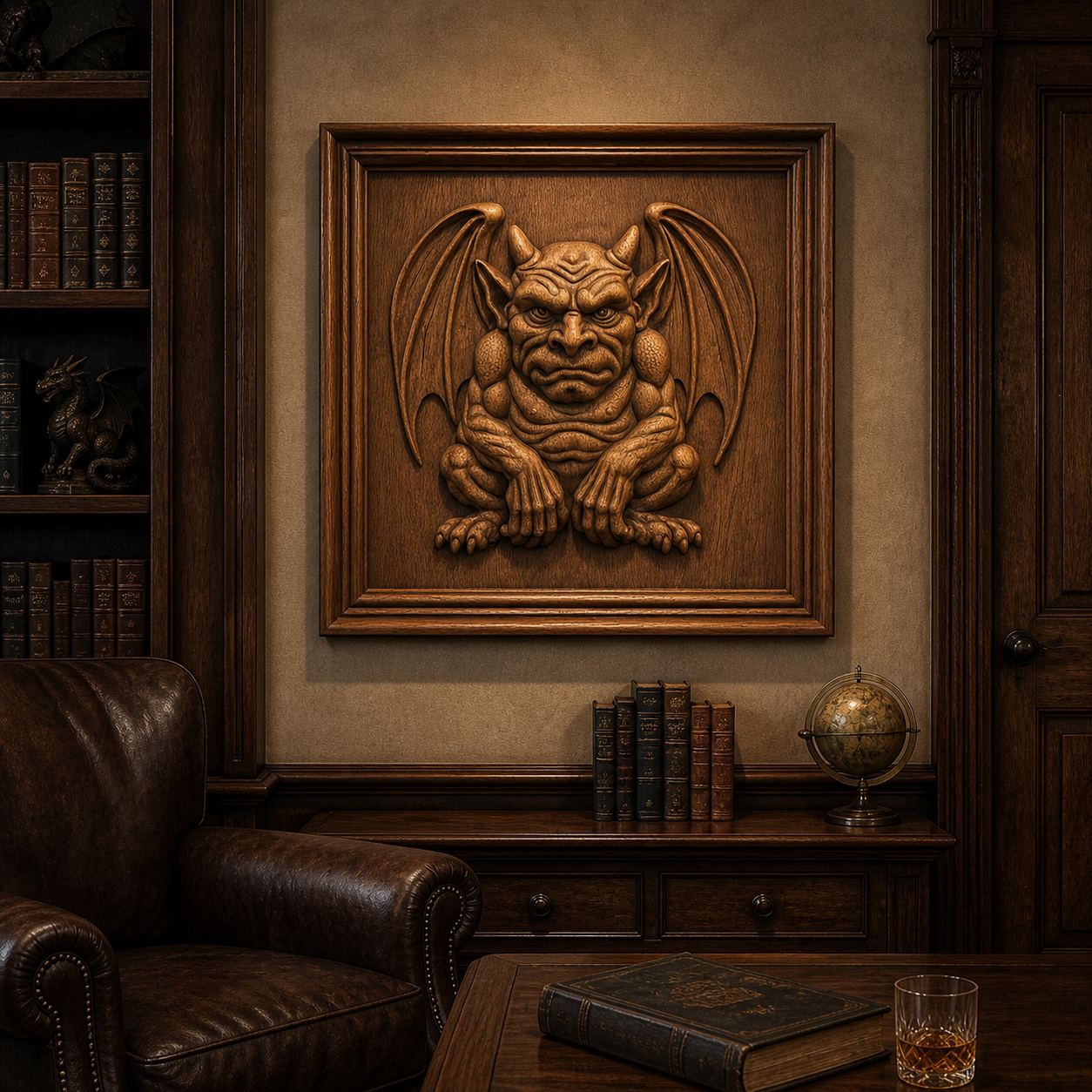 A cozy study with leather chairs, bookshelves, and a Form Arcade Stone Gargoyle Relief STL File CNC wall art above a book-filled cabinet. On the wooden table, an old book and whiskey capture the scene’s unique woodworking artistry.