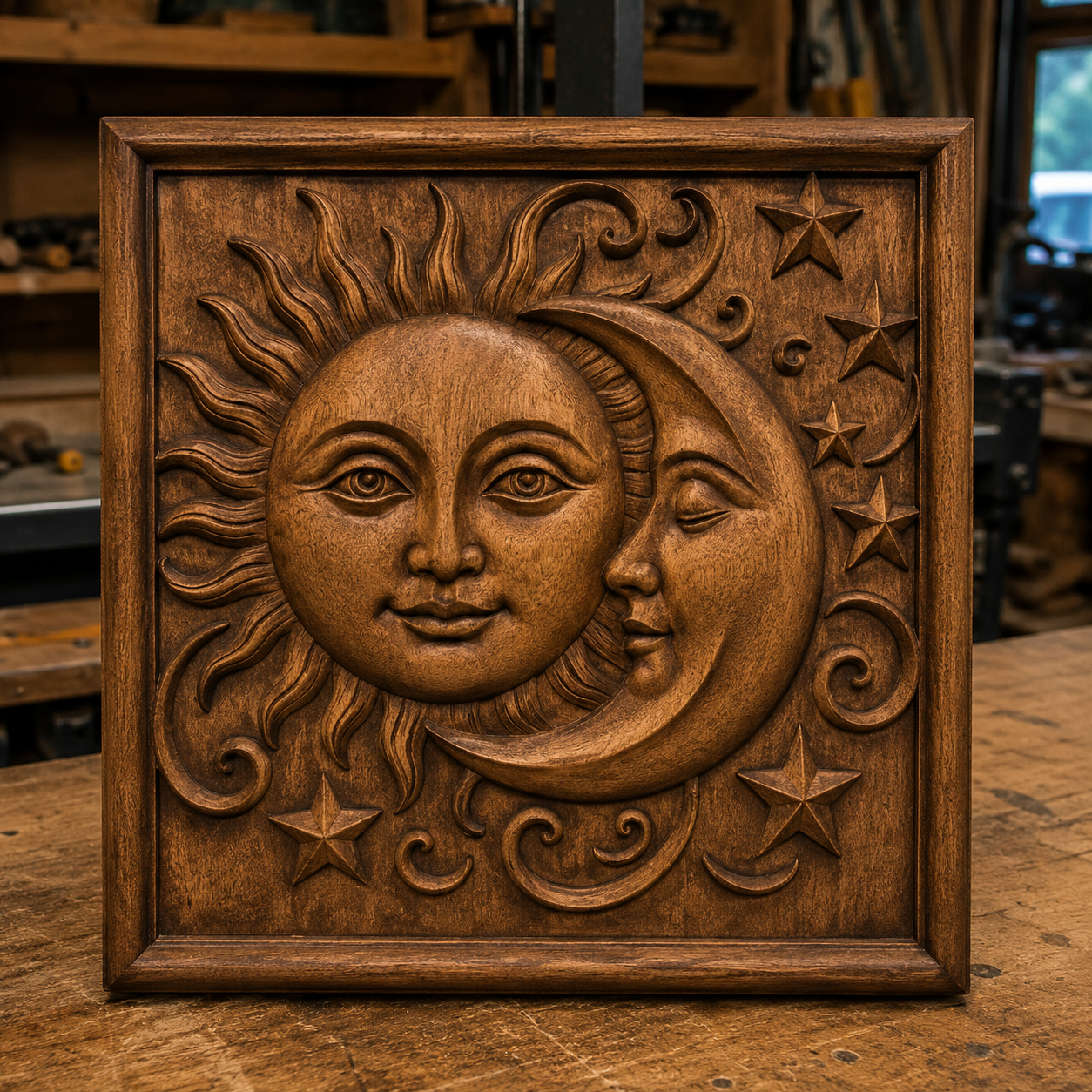 A Sun and Crescent Moon CNC Relief STL File from Form Arcade, featuring celestial wall art with human-faced sun and moon surrounded by stars and swirling patterns, rests on a workshop table with tools visible in the background—an inspiring example for woodworking projects or CNC relief carving enthusiasts.