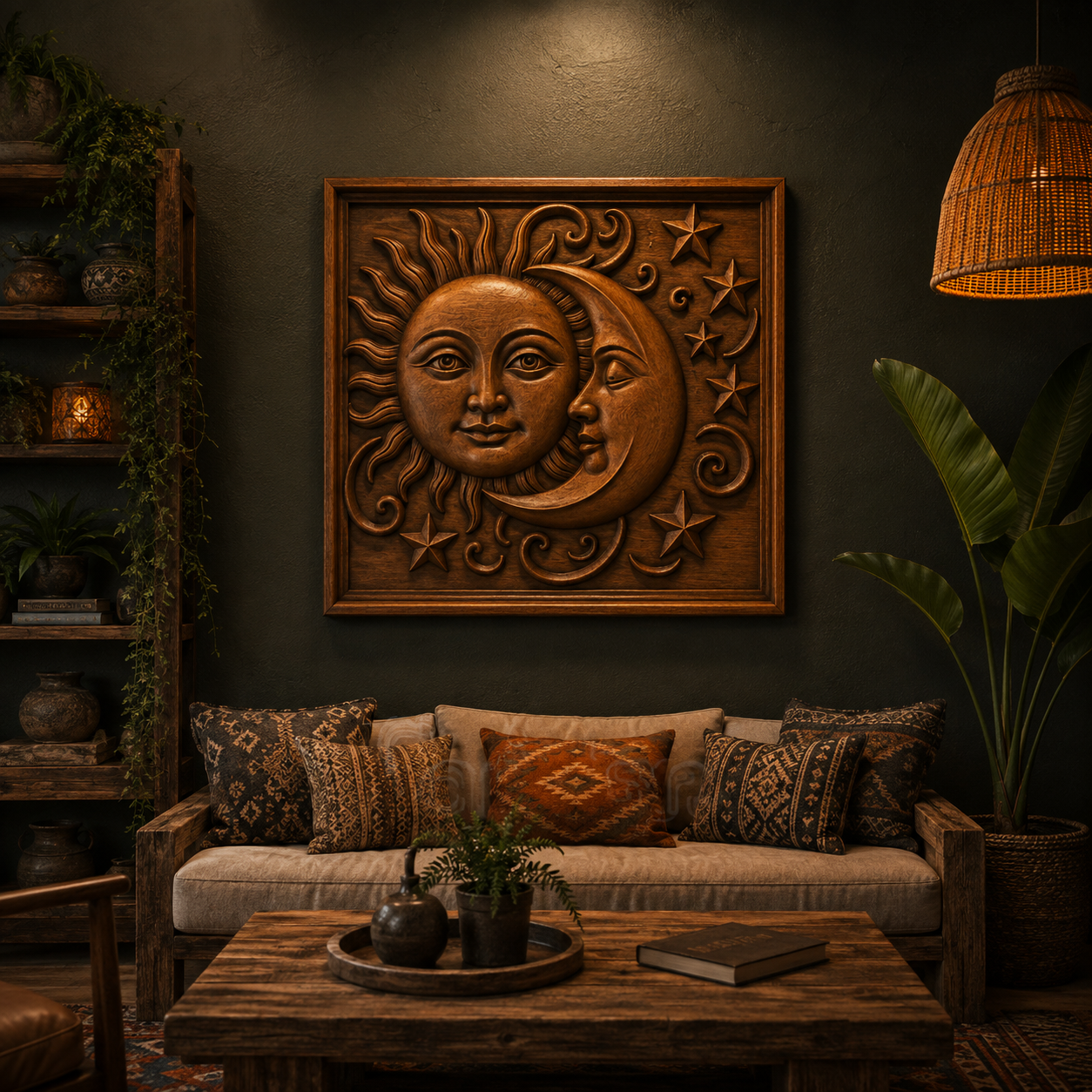 A cozy living room features the “Sun and Crescent Moon CNC Relief STL File | Celestial CNC Wall Art” by Form Arcade as wooden artwork on the wall, complemented by rustic furniture, patterned pillows, plants, and warm ambient lighting.