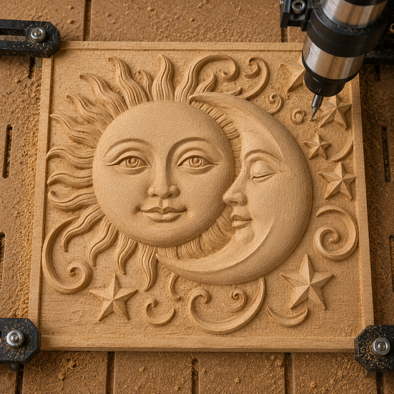 The Sun and Crescent Moon CNC Relief STL File by Form Arcade creates a stunning wooden panel featuring celestial faces, swirling patterns, and stars—a perfect inspiration for your next woodworking project.