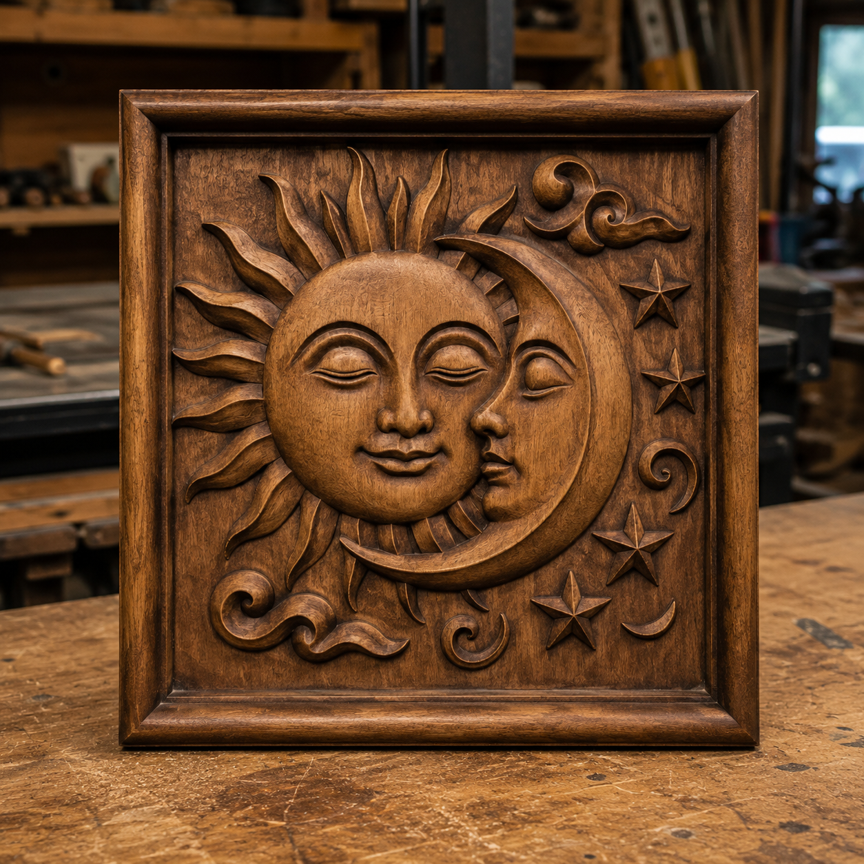 Displayed upright on a workbench in a workshop setting, the Celestial Sun and Moon CNC Relief STL File | Split Face CNC Wall Art by Form Arcade features a detailed wooden carving of a sun and crescent moon with their faces touching, encircled by stars. This distinctive piece exemplifies the artistic possibilities available through woodworking projects inspired by Form Arcade’s CNC design.
