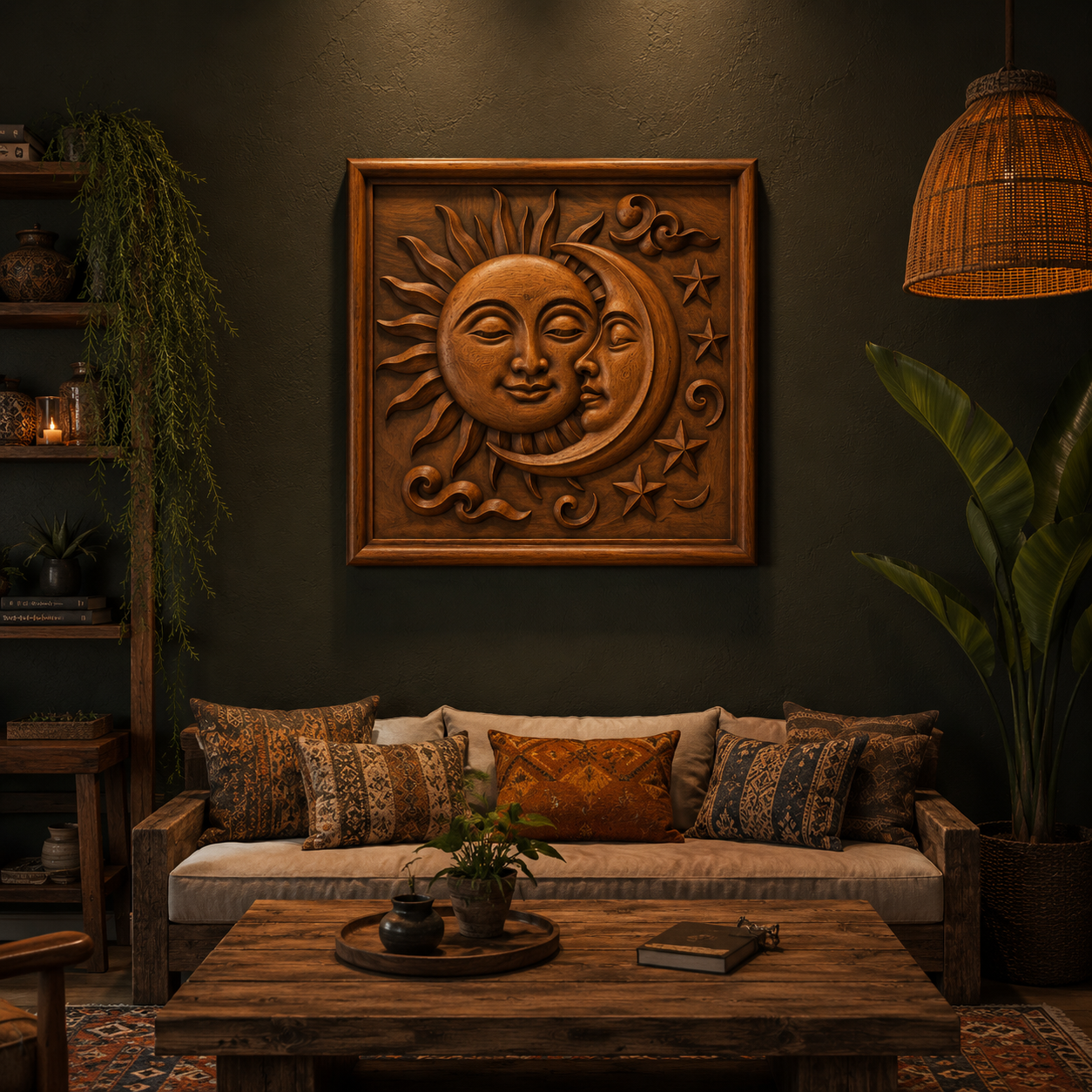 A cozy living room features rustic wooden furniture, lush potted plants, and a beige sofa adorned with patterned pillows. Above the sofa hangs the “Celestial Sun and Moon CNC Relief STL File | Split Face CNC Wall Art” by Form Arcade, serving as a striking focal point. Warm lighting enhances the inviting atmosphere, making it an ideal space to showcase distinctive woodworking creations.