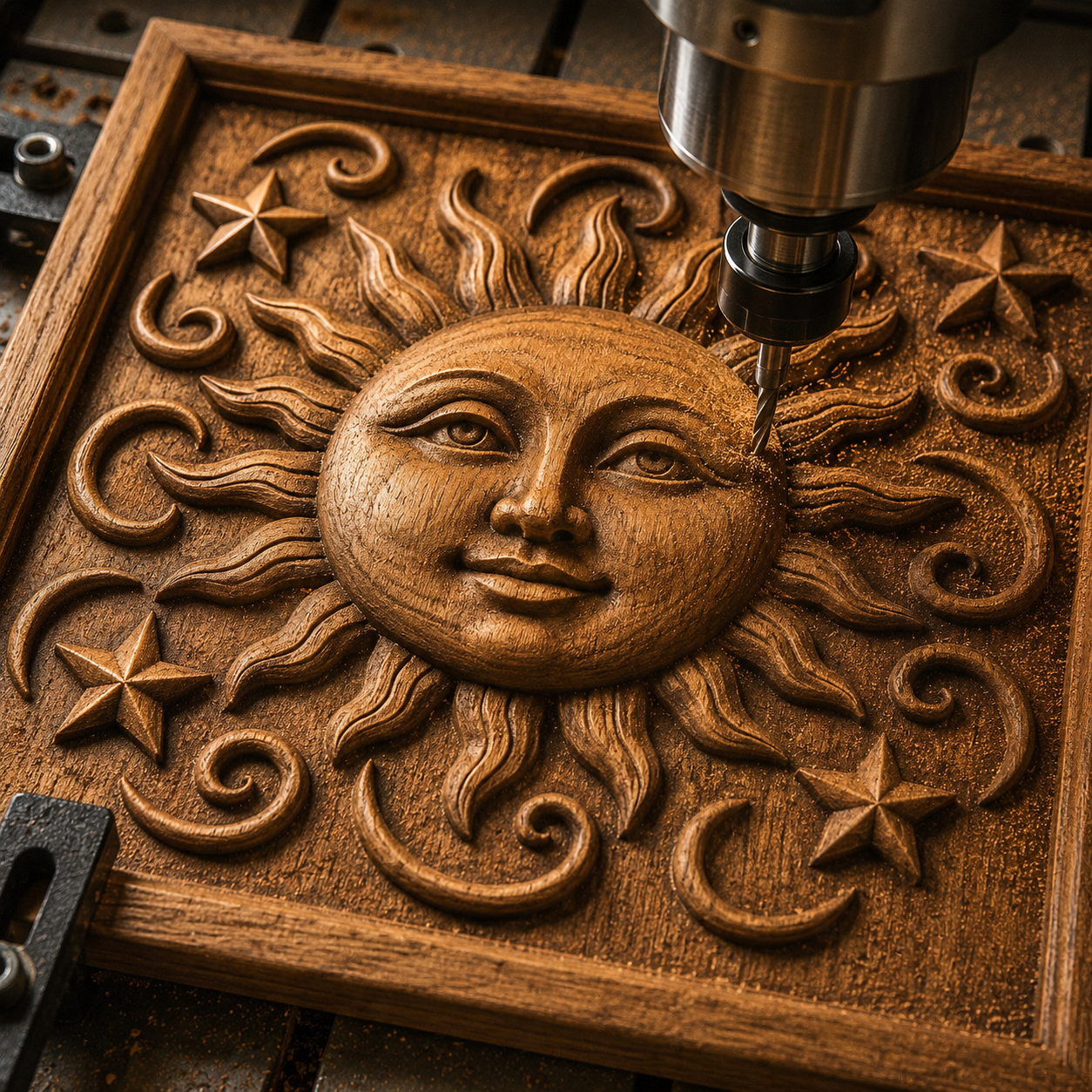 The Sun Face Celestial CNC Relief STL File by Form Arcade features a detailed sun face with rays and stars for stunning woodworking projects, making it ideal Sun CNC wall art. Fine wood shavings highlight this intricate CNC design.