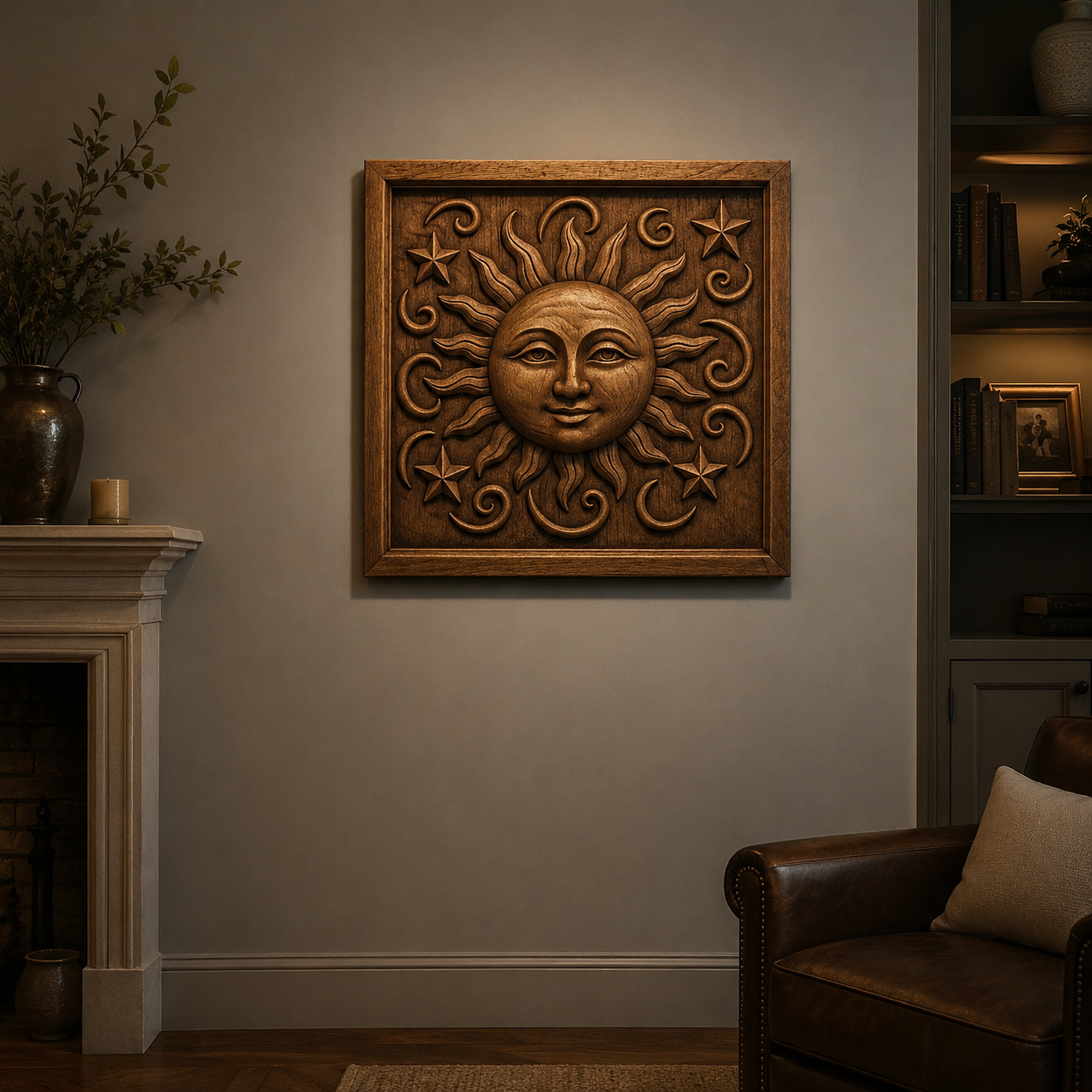 A cozy living room with a leather chair, fireplace, and shelves. The Sun Face Celestial CNC Relief STL File wall art by Form Arcade hangs on the light wall, its stars and swirling rays softly illuminated by warm lighting.