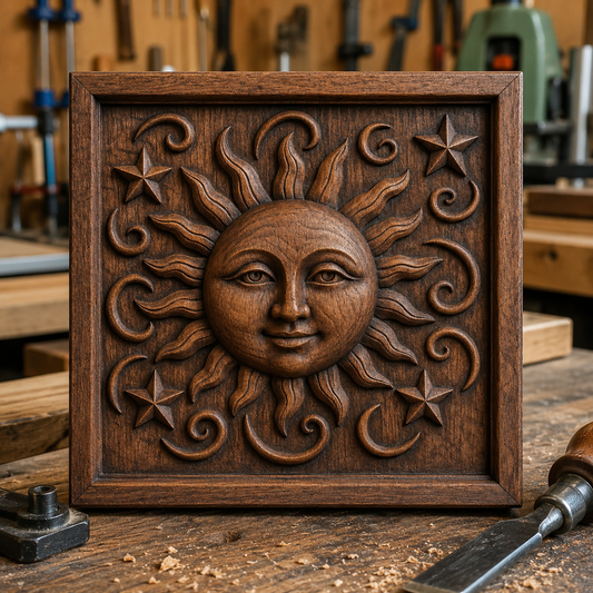 A carved wooden plaque displays a smiling sun with rays, stars, and swirls on a workbench. The Sun Face Celestial CNC Relief STL File by Form Arcade is ideal for creating unique Sun CNC wall art in your next woodworking project.