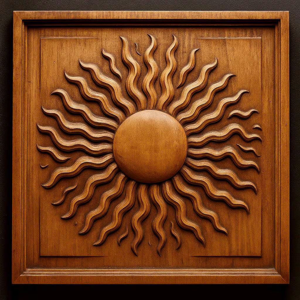 Radiating sun relief carved into a square wooden panel with layered rays extending outward from a central circle, smooth depth transitions and clean carving edges highlighted by warm tones, decorative nature inspired CNC wall art design