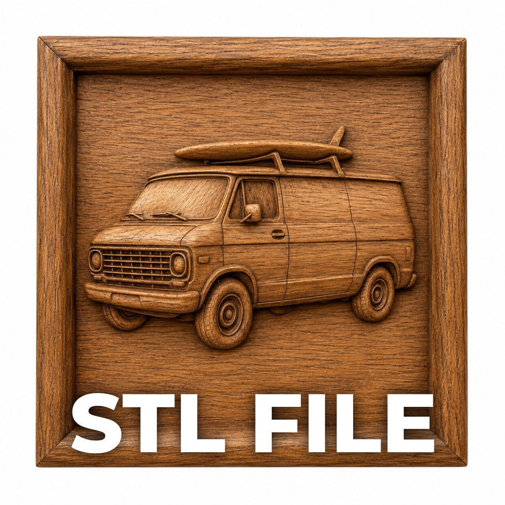 Classic Surf Van Relief STL File | Vintage CNC Wall Art by Form Arcade: A detailed wooden relief design of a surf van with a surfboard, framed by wood. Ideal for woodworking or CNC carving. "STL FILE" in bold white at the bottom completes this standout wall art.