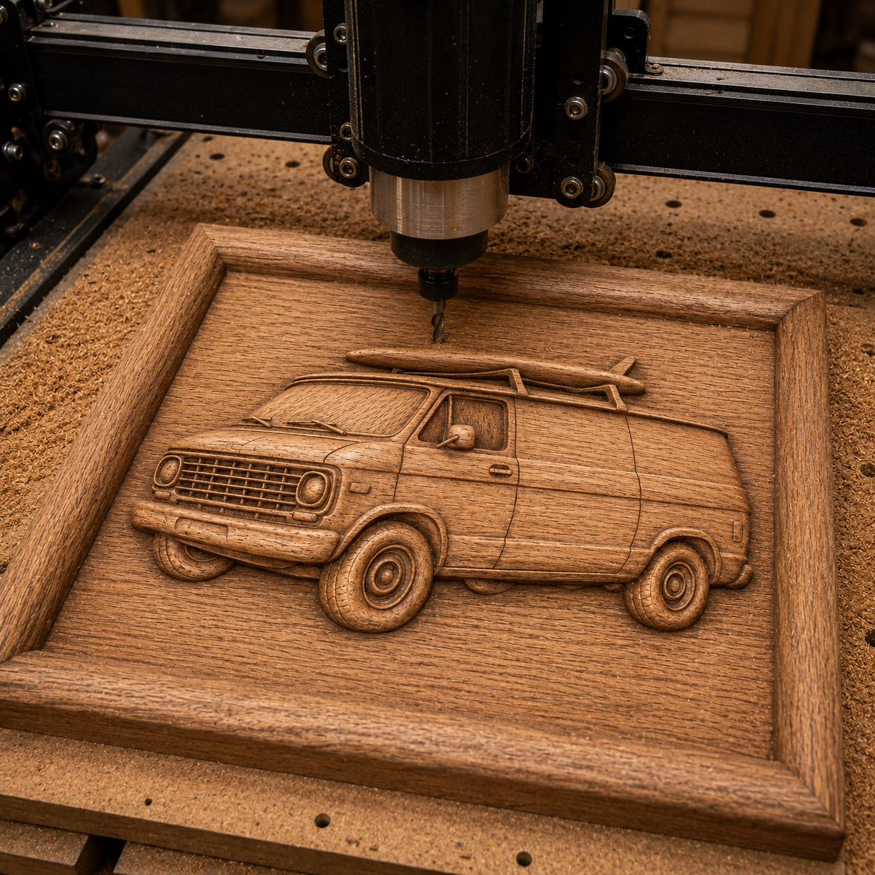 A CNC machine crafts the Form Arcade "Classic Surf Van Relief STL File | Vintage CNC Wall Art," carving a detailed van with surfboard in 3D relief, framed by a rectangular border, on a workshop table.