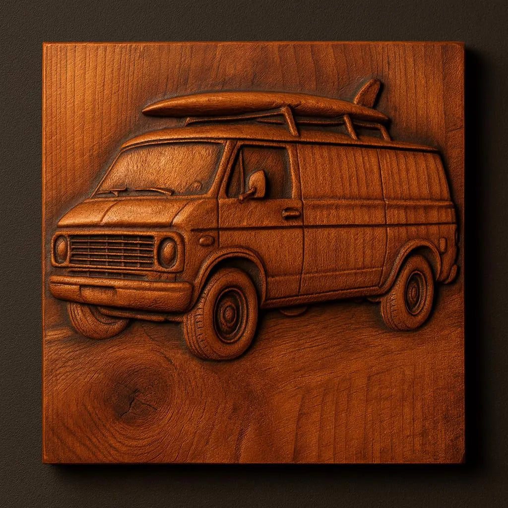 The Classic Surf Van Relief STL File by Form Arcade is a vintage CNC wall art design featuring a detailed wooden van with a surfboard on top, highlighting craftsmanship and wood grain, perfect for creating standout decor pieces.