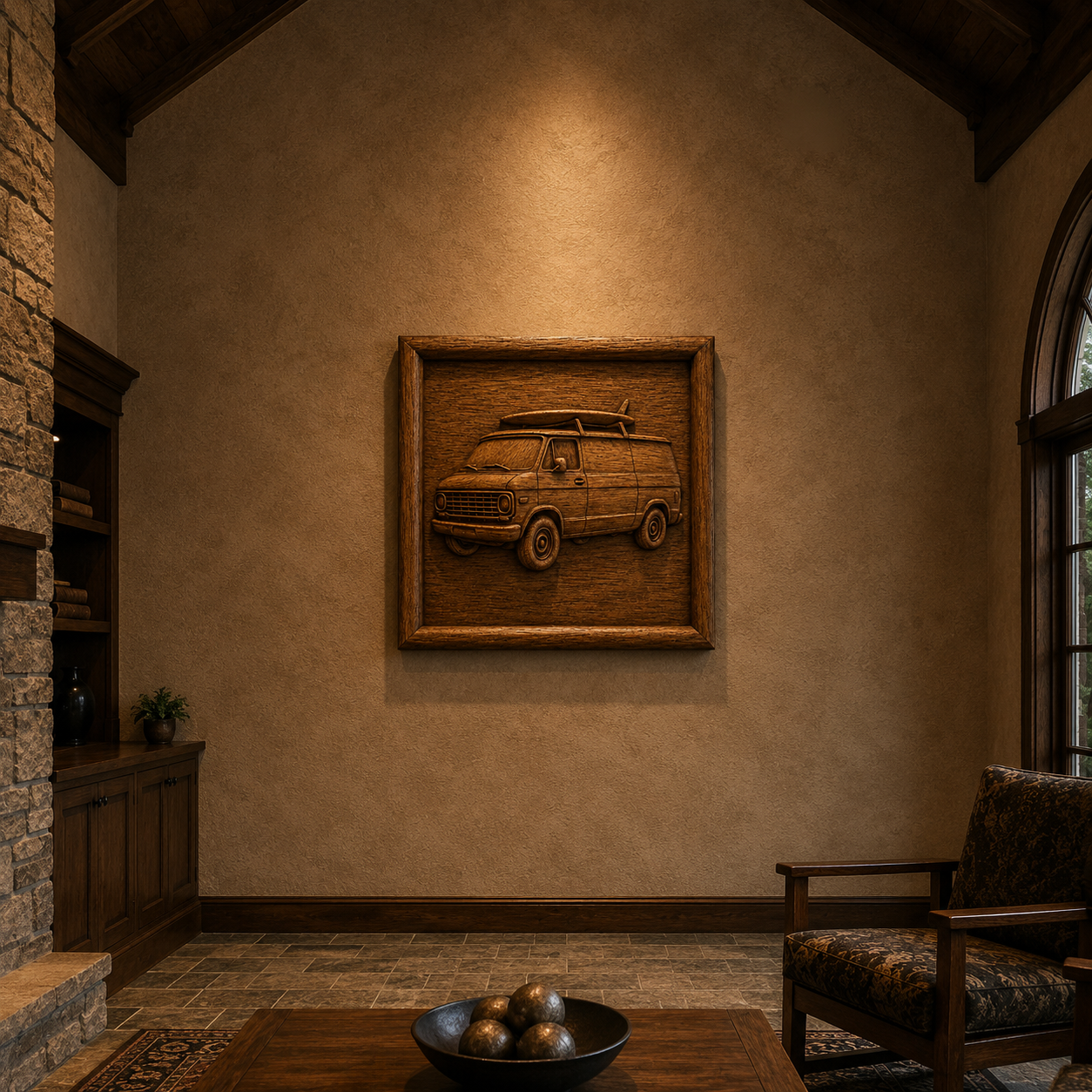 A warmly lit room with high ceilings showcases Form Arcade's Classic Surf Van Relief CNC wall art. A wooden armchair, coffee table with decorative bowls, and a built-in shelf complete the inviting space.