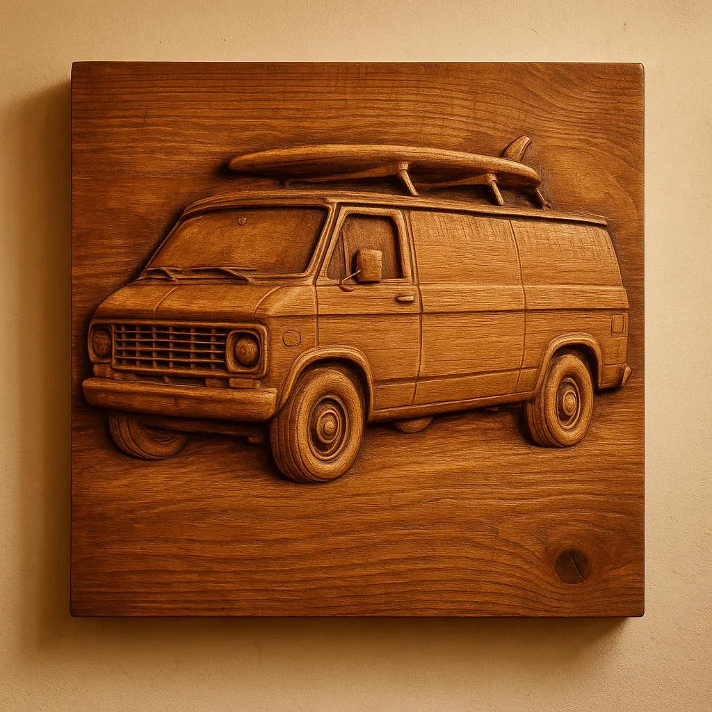 The Classic Surf Van Relief STL File by Form Arcade features a vintage van with a surfboard, ideal for CNC carving or 3D printing as unique wall art for your space.