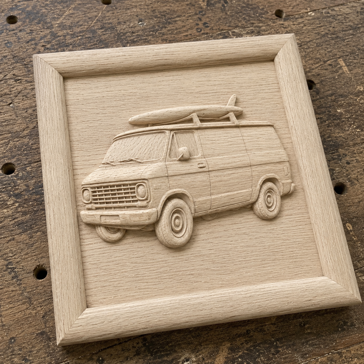The Classic Surf Van Relief STL File by Form Arcade features a detailed CNC carving of a vintage surf van with a surfboard, framed in wood—perfect as vintage wall art for your space.