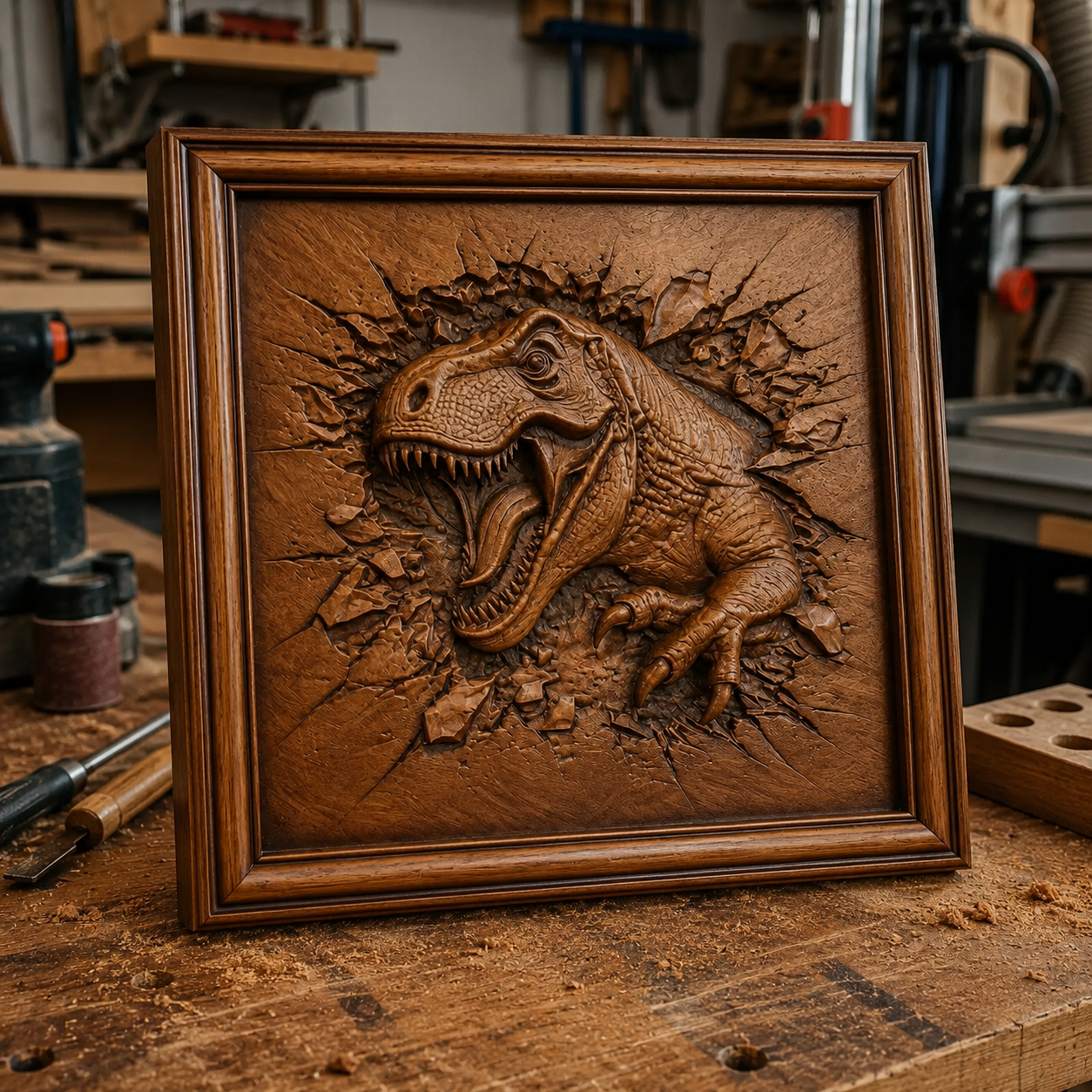 The T-Rex Dinosaur CNC Relief STL File by Form Arcade showcases a highly detailed carving of a T-Rex bursting through the surface, perfect for creating striking dinosaur wall art and shown here on a woodworking table in a workshop.