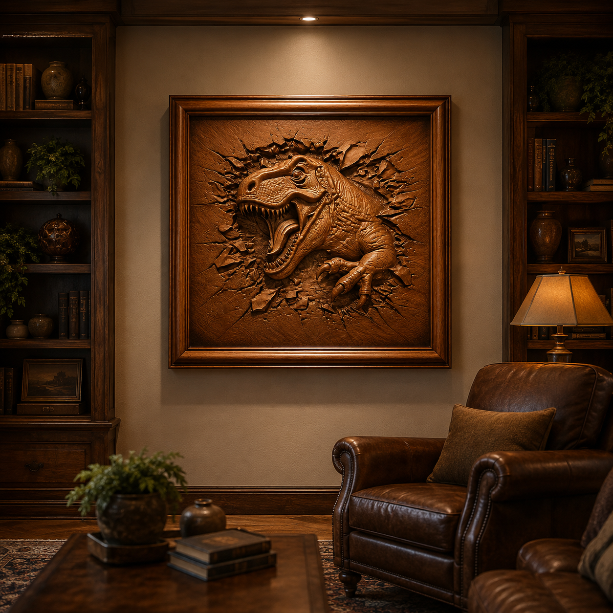 A cozy library with leather chairs and bookshelves features the dramatic "T-Rex Dinosaur CNC Relief STL File | Dinosaur CNC Wall Art" by Form Arcade, depicting a T-Rex bursting through the wall above a lamp-lit side table, sparking inspiration for unique woodworking projects.