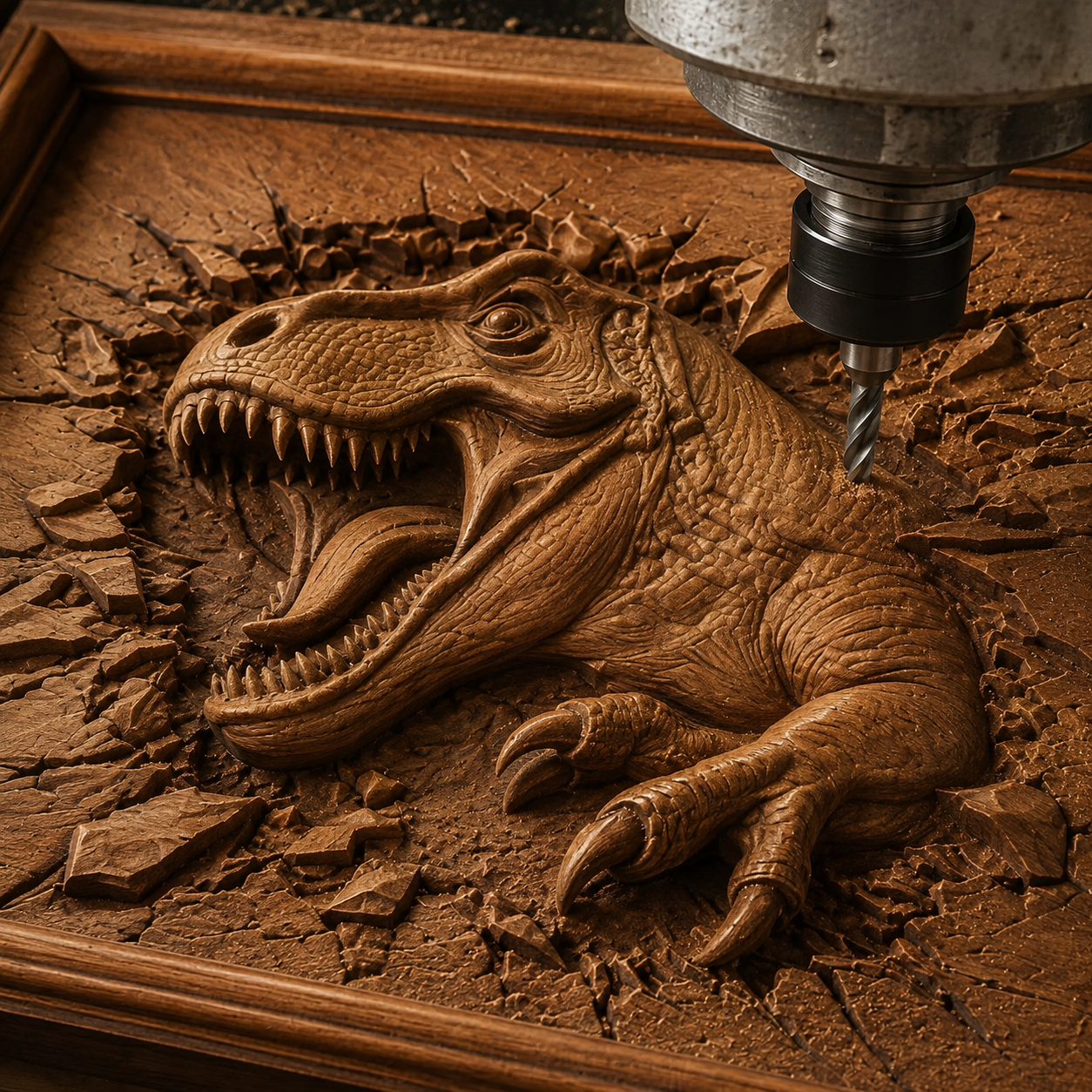 A CNC machine carves a detailed, three-dimensional image of a roaring T. rex bursting through a wooden surface, with splintered wood framing the dinosaur’s head and claws—an eye-catching woodworking project created using the "T-Rex Dinosaur CNC Relief STL File | Dinosaur CNC Wall Art" by Form Arcade.