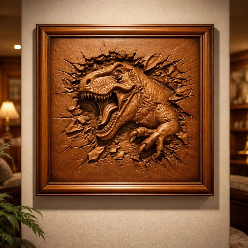 Introducing the T-Rex Dinosaur CNC Relief STL File by Form Arcade—a striking dinosaur CNC wall art design that features a T. rex bursting through a frame, its sharp teeth and claws captured in stunning detail, perfect for displaying as a detailed wooden wall piece in an elegantly lit living room.