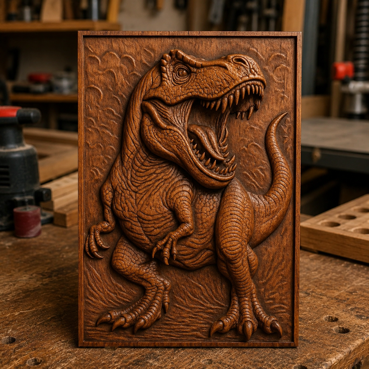 A striking T-Rex Full Body CNC Relief from Form Arcade—a detailed wooden depiction of a roaring dinosaur—is displayed upright on a workbench amidst tools and workshop equipment, showcasing an impressive Dinosaur CNC Wall Art design that's perfect for woodworking projects.