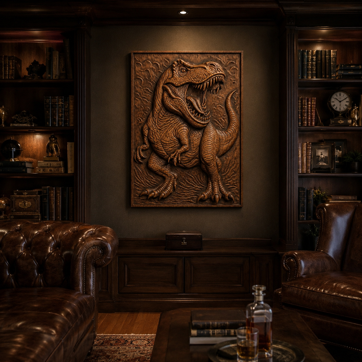A luxurious library features leather chairs, wooden shelves lined with books, and a striking dinosaur centerpiece: the T-Rex Full Body CNC Relief STL File | Dinosaur CNC Wall Art by Form Arcade. This intricately carved wooden T-rex creation, inspired by Form Arcade's creative woodworking projects, is prominently mounted on the wall. In the foreground, a decanter and glass rest atop a polished wooden table.
