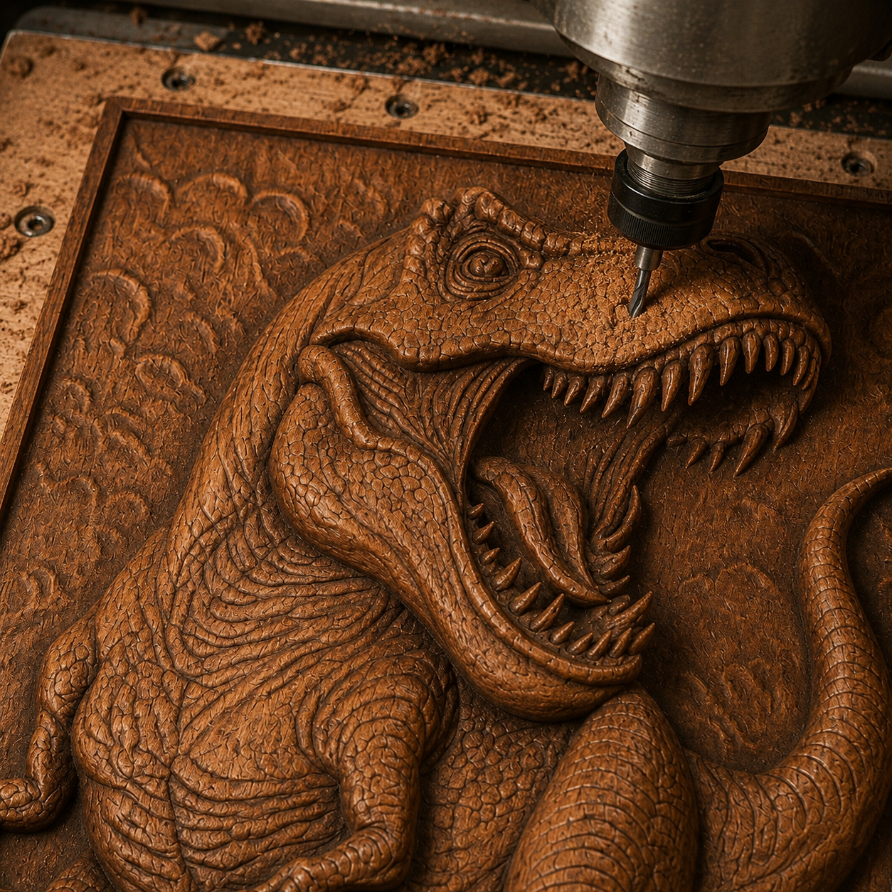 The T-Rex Full Body CNC Relief STL File | Dinosaur CNC Wall Art by Form Arcade features a detailed 3D T. rex design with sharp teeth and textured skin, perfect for adding impressive dinosaur-themed relief carvings to your woodworking projects using a CNC machine.