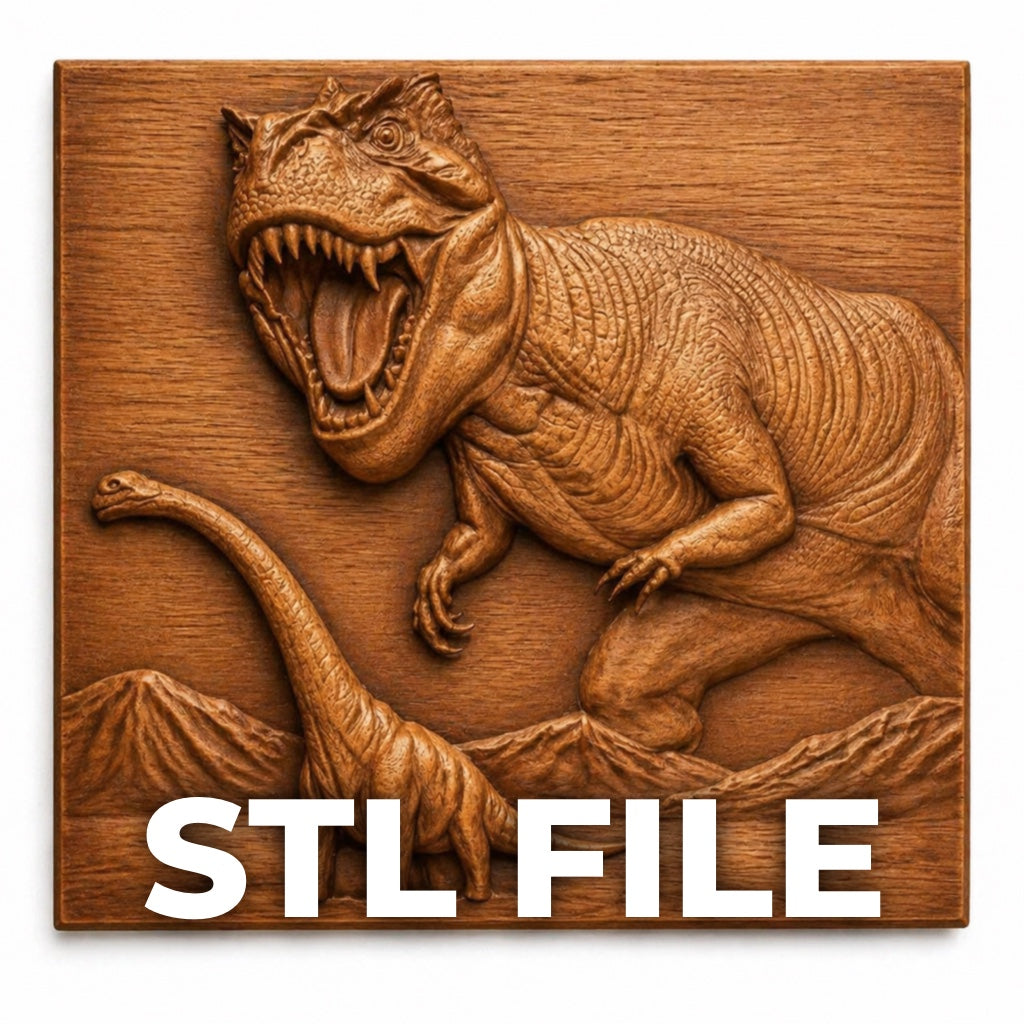 The T-Rex Hunting Dinosaur Scene Relief STL File by Form Arcade features a roaring T-Rex chasing a long-necked dinosaur with mountains behind. Perfect for CNC or 3D printing, this dinosaur wall art STL includes “STL FILE” text at the bottom.