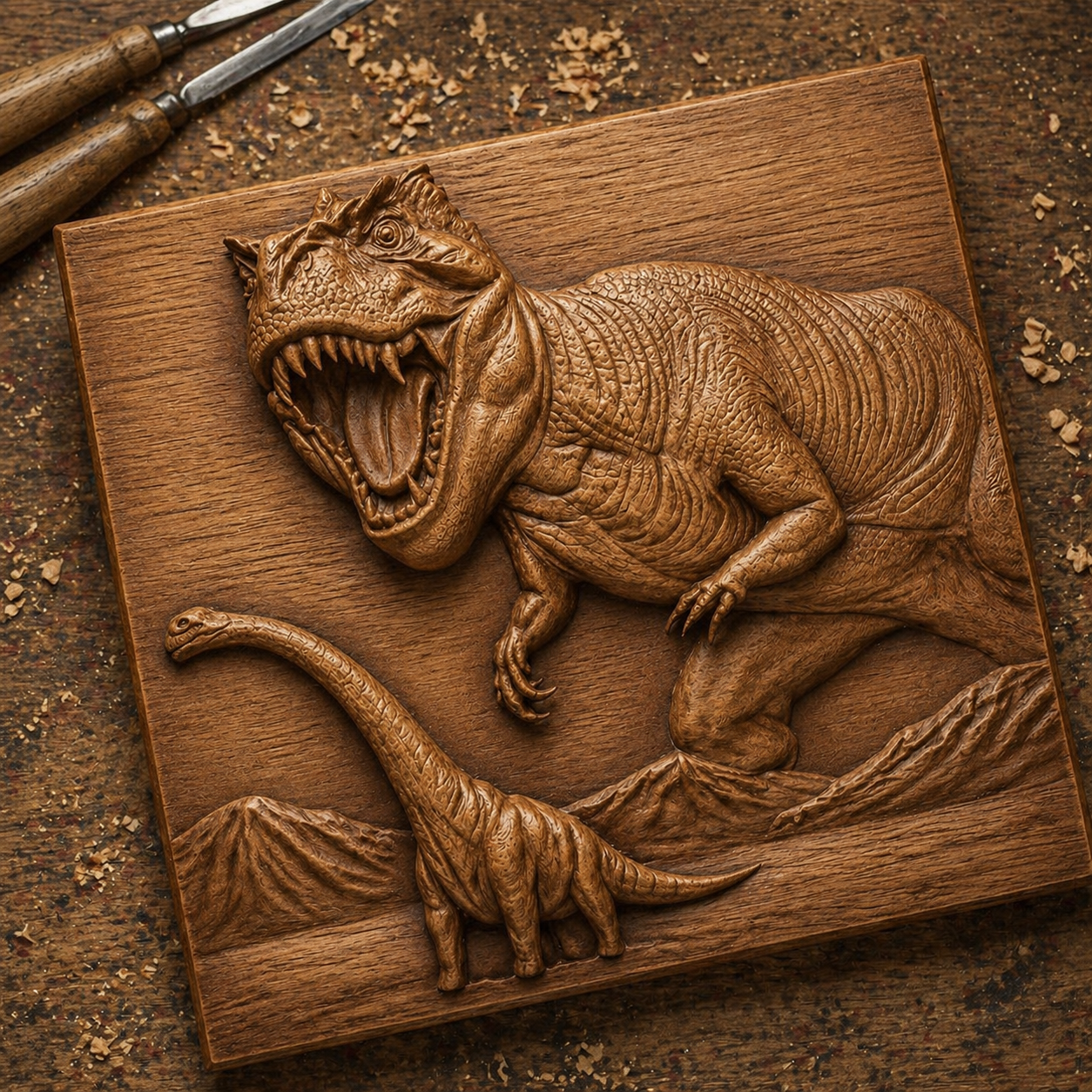 The T-Rex Hunting Dinosaur Scene Relief STL File by Form Arcade features a detailed CNC carving of a T. rex and Brachiosaurus with mountains, perfect for dinosaur-themed wall art projects.