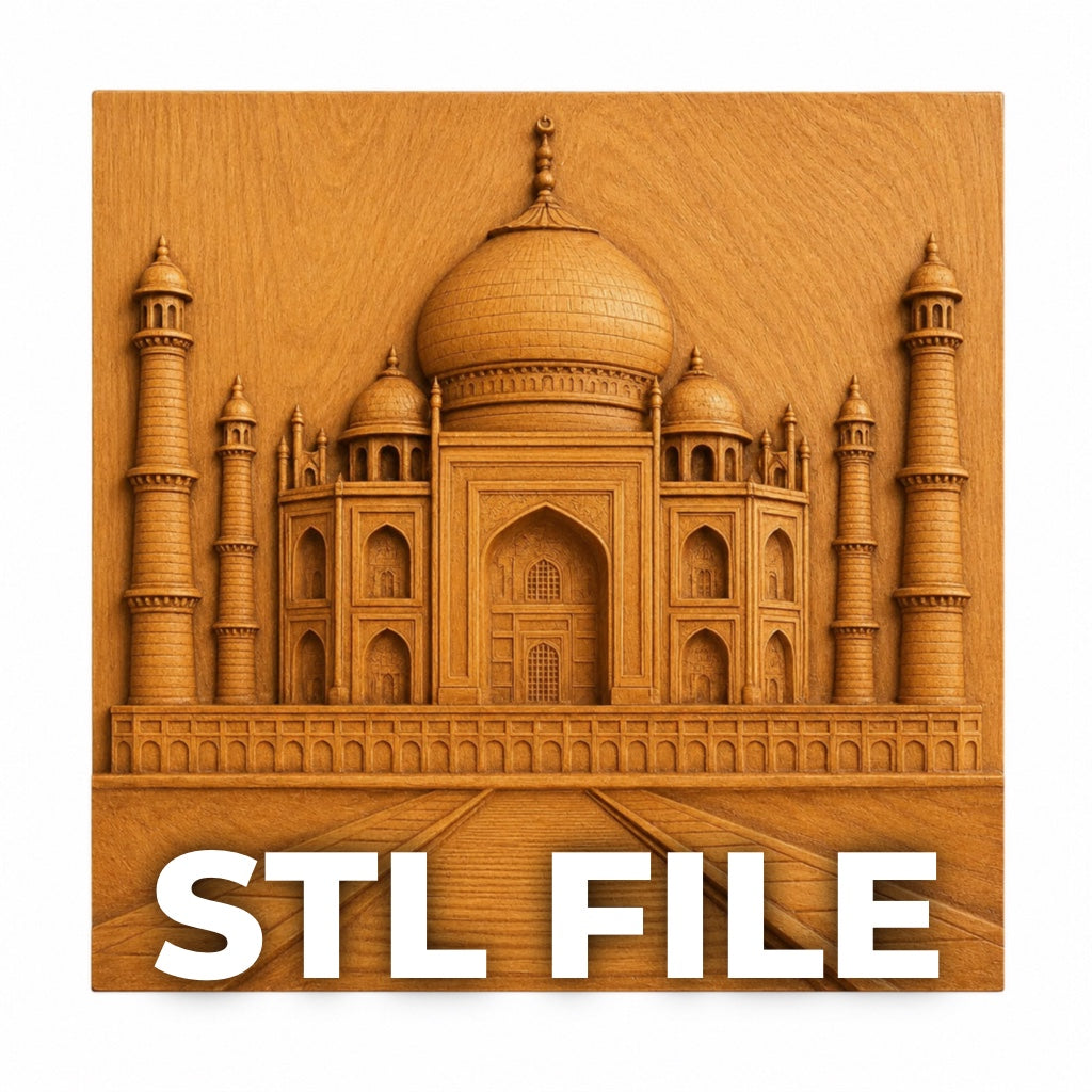 Taj Mahal Relief STL File by Form Arcade: A detailed wooden relief carving design featuring iconic domes and minarets—ideal for CNC or woodworking projects. "Taj Mahal Relief STL" appears in bold white text at the bottom.