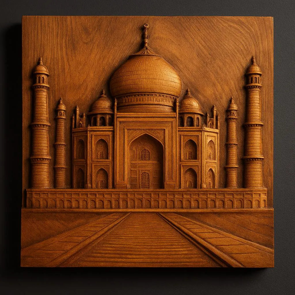 Showcase the Taj Mahal with Form Arcade’s “Taj Mahal Relief STL File | Taj CNC Wall Art”—a detailed CNC carving in natural wood tones, featuring domes, arches, and minarets on a dark background. STL file available for download.