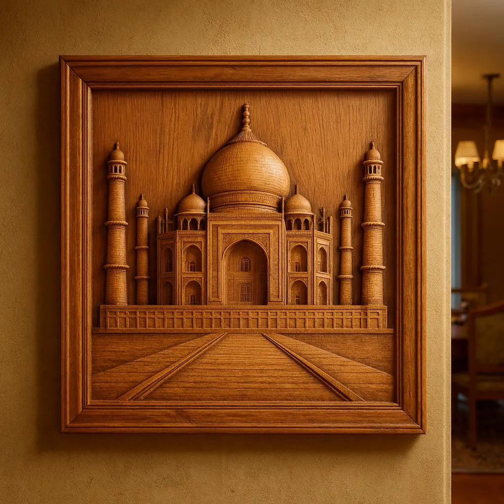 The Form Arcade Taj Mahal Relief STL File for Taj CNC Wall Art features a detailed, CNC-carved wooden panel mounted on a beige wall in a warmly lit room.