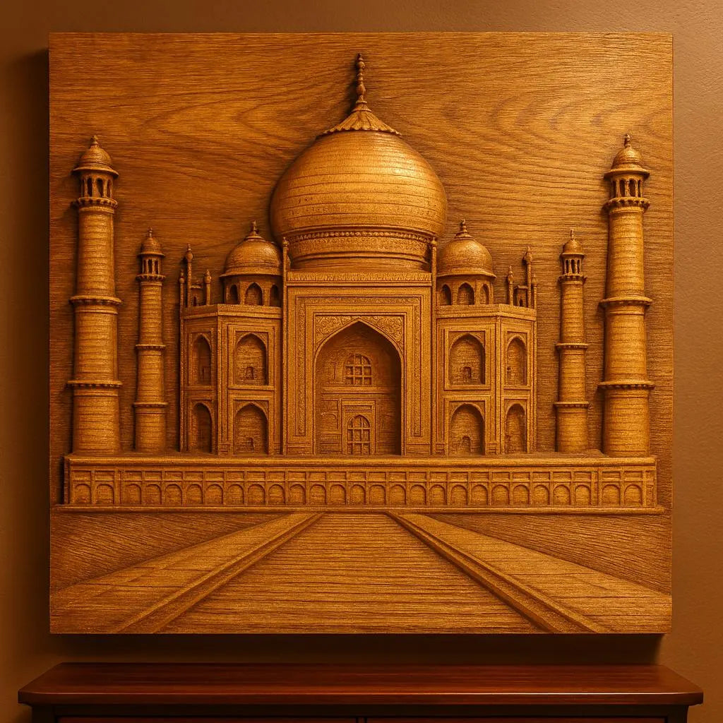 The "Taj Mahal Relief STL File | Taj CNC Wall Art" by Form Arcade features an intricate wall-mounted carving of the Taj Mahal with domes, arches, and minarets in relief, crafted using precision CNC techniques.