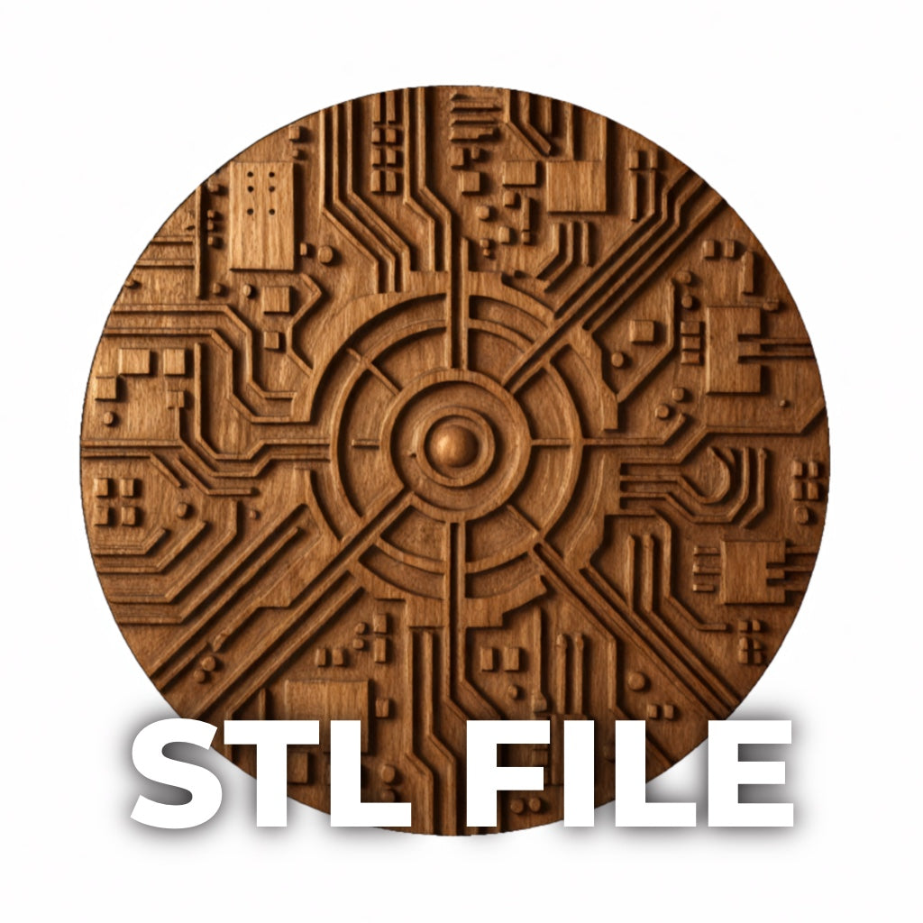 The Tech Circuit Medallion Relief STL File by Form Arcade is a round, brown circuit board design with intricate lines, labeled “STL FILE”—perfect for 3D printing or CNC wall art projects.