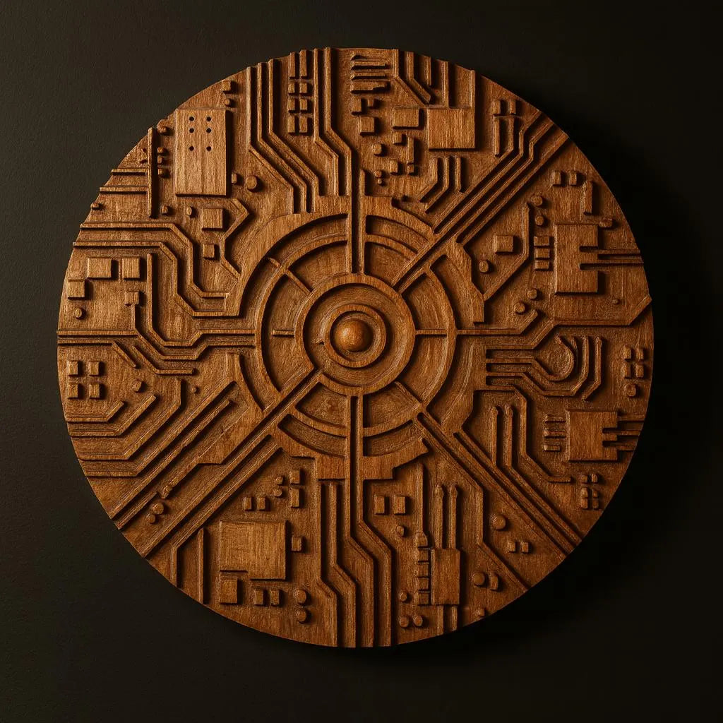 The Tech Circuit Medallion Relief STL File by Form Arcade is a round CNC wall art design with circuit board patterns and geometric shapes radiating from the center—perfect for standout, tech-inspired woodworking projects.