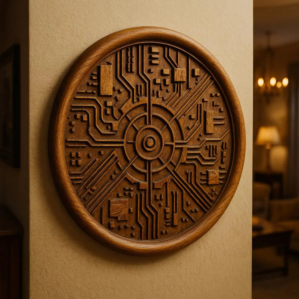 The Tech Circuit Medallion Relief STL File by Form Arcade features a CNC-ready circuit-inspired design—perfect for adding a tech-art touch to your next woodworking wall art project.