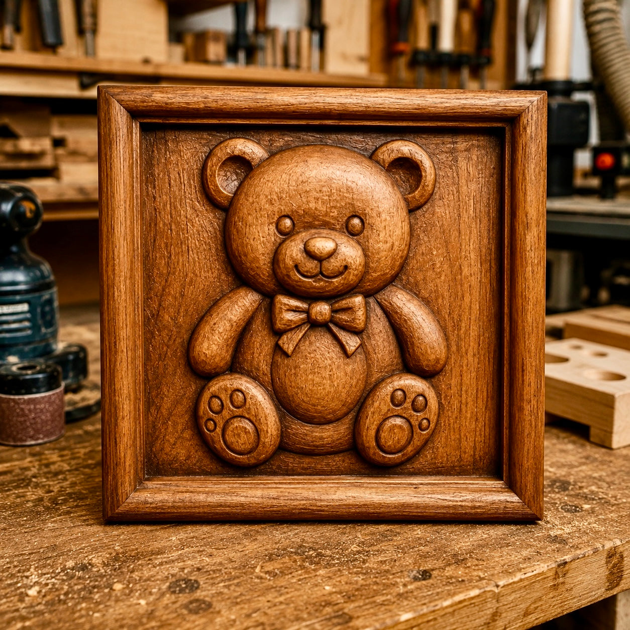 The Teddy Bear Toy CNC Relief STL File by Form Arcade showcases a charming kids wall art design—a wooden plaque with a carved teddy bear in a bow tie—perfectly displayed on a woodshop workbench amid tools and equipment, and serving as an excellent example of CNC relief carving for woodworking projects.
