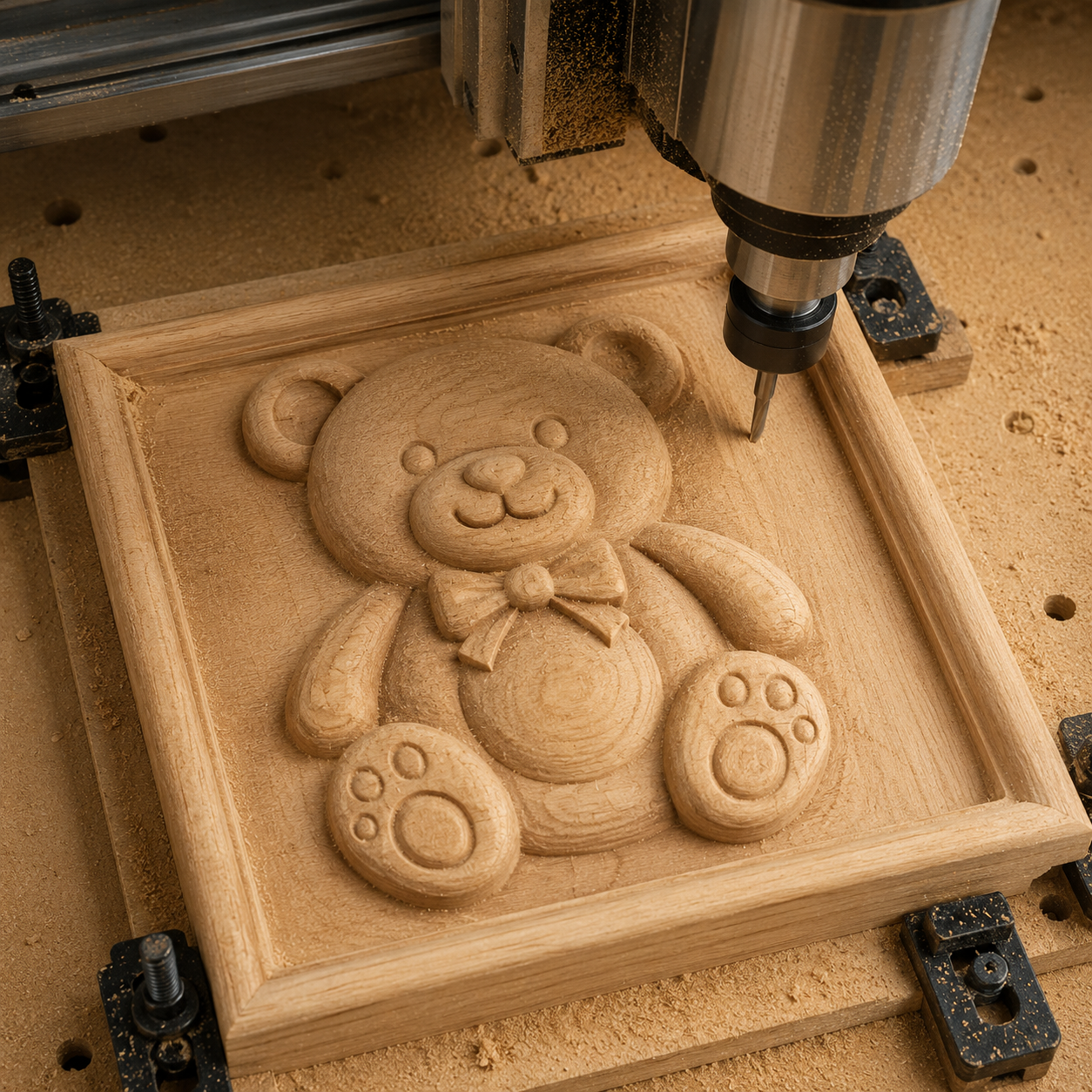A CNC machine uses the "Teddy Bear Toy CNC Relief STL File | Kids CNC Wall Art" by Form Arcade to carve a charming teddy bear with a bow tie and paw prints into a square wooden panel, surrounded by wood shavings—demonstrating the creative potential of CNC relief carving in woodworking projects.