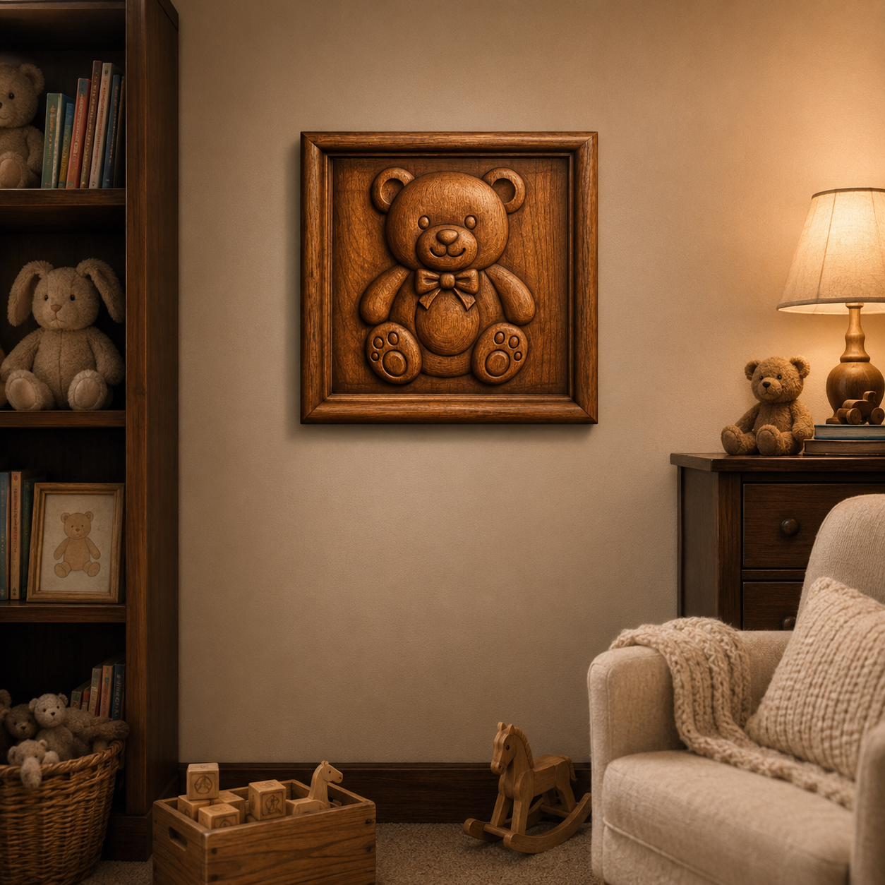A cozy nursery with a teddy bear theme, featuring the Form Arcade Teddy Bear Toy CNC Relief wall art crafted from their CNC Relief STL File, plush toys displayed on shelves, a lamp atop a dresser, an inviting armchair, as well as wooden blocks and a rocking horse arranged on the floor.