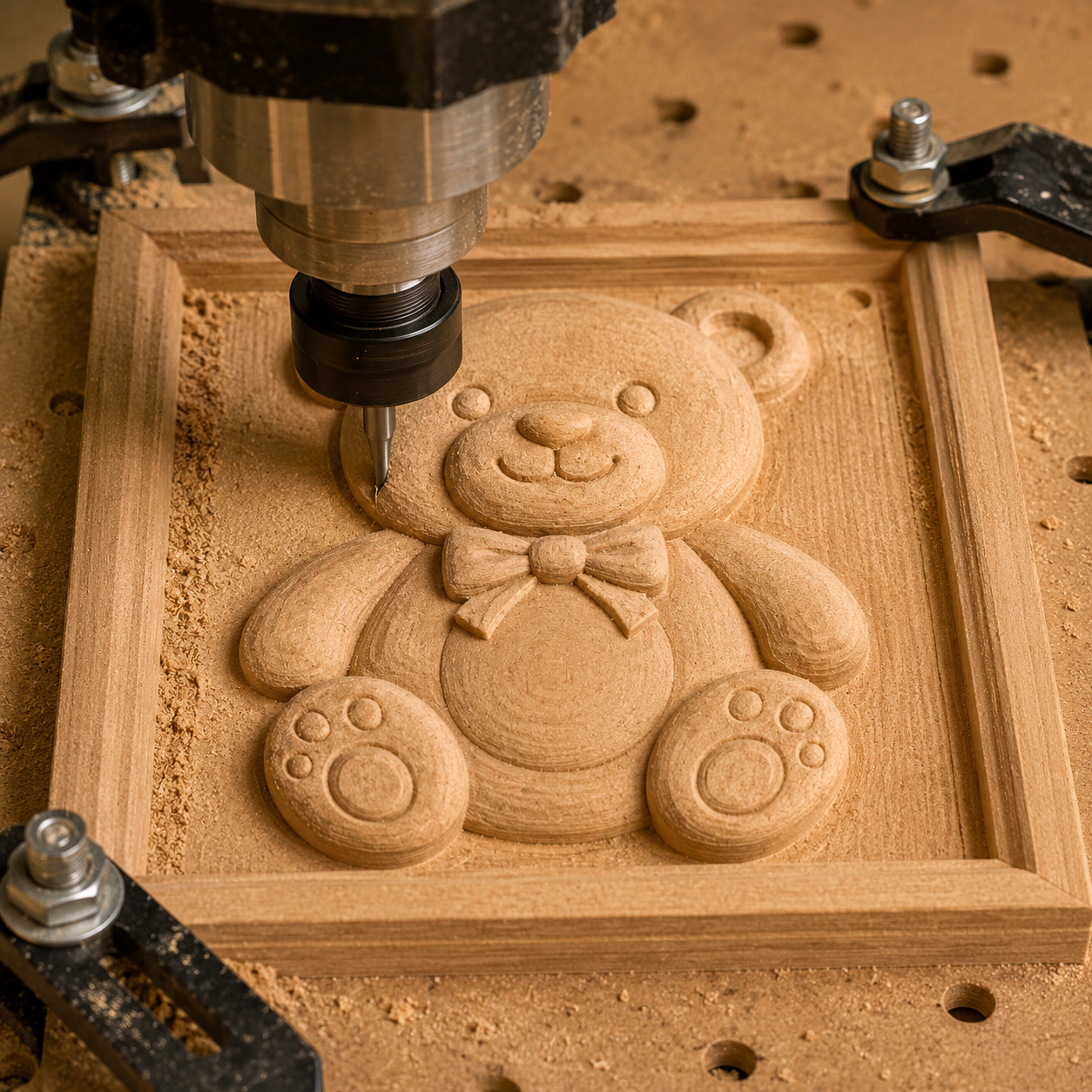 A CNC machine carves the "Teddy Bear Toy CNC Relief" design from Form Arcade—depicting a smiling teddy bear with a bow tie—into a wooden square panel, with wood shavings scattered around and metal clamps securing the piece.