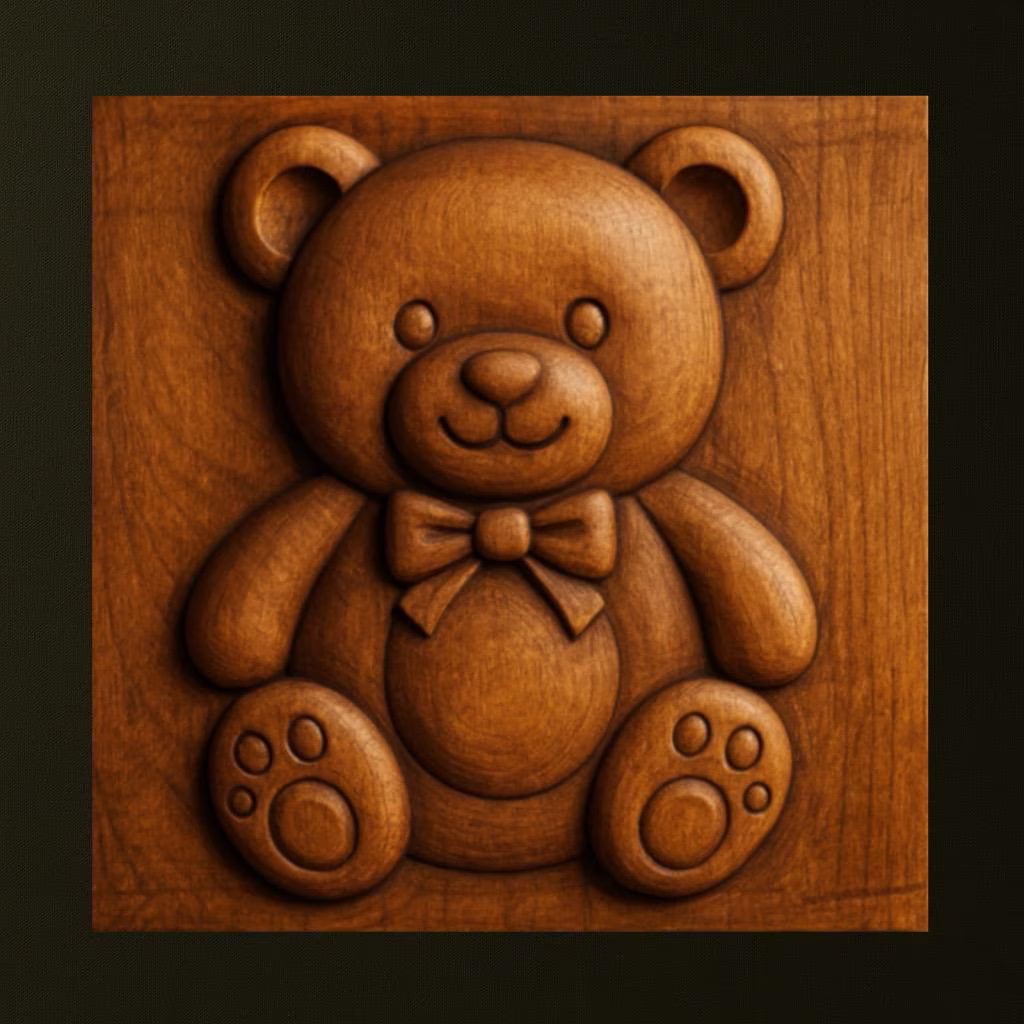 Introducing the Teddy Bear Toy CNC Relief STL File by Form Arcade—a delightful kids' wall art design featuring a smiling teddy bear with a bow tie, rounded ears, and playful paw prints on a smooth square background. This charming CNC relief carving is perfect for your next woodworking project.