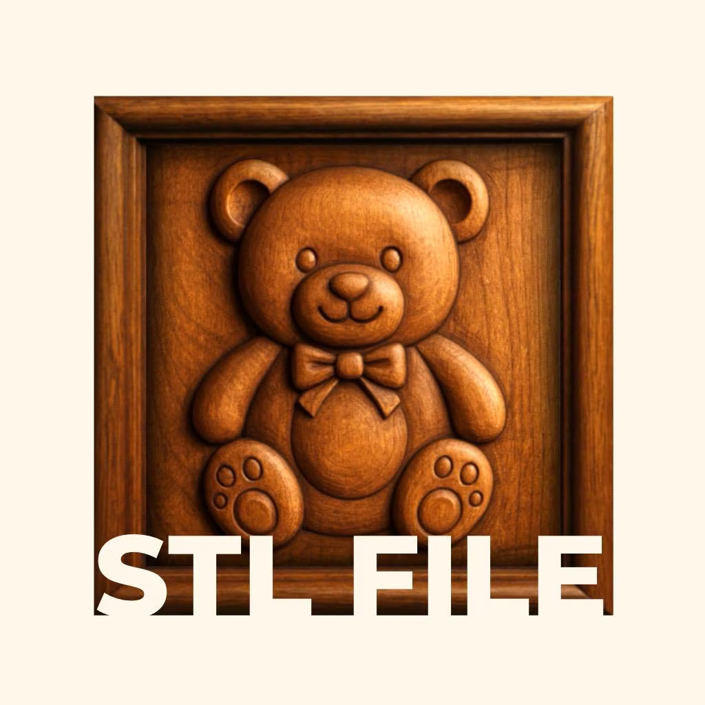 A carved wooden teddy bear in a square frame, ideal for woodworking projects or CNC relief carving, featuring the product name "Teddy Bear Toy CNC Relief STL File | Kids CNC Wall Art" by Form Arcade displayed in bold white letters at the bottom.